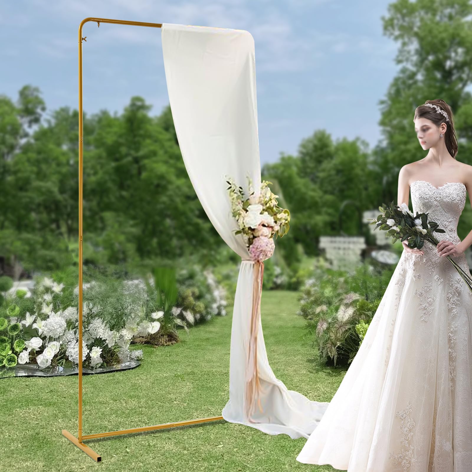 OUKANING Hochzeitsbogen Gestell 1x2m, Aus Eisen Und Elastischer Stoff, Metallbogen Rectangle, Bogen Für Hochzeit, Partys, Dekorativer Hintergrund (Gold Halterung+beige Abdeckung)
