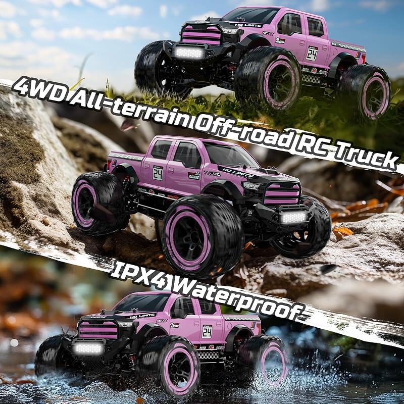 DEERC 1:10 4X4 RC Monster Truck 48km/h Rózsaszín Terepjáró 2 Akkumulátor