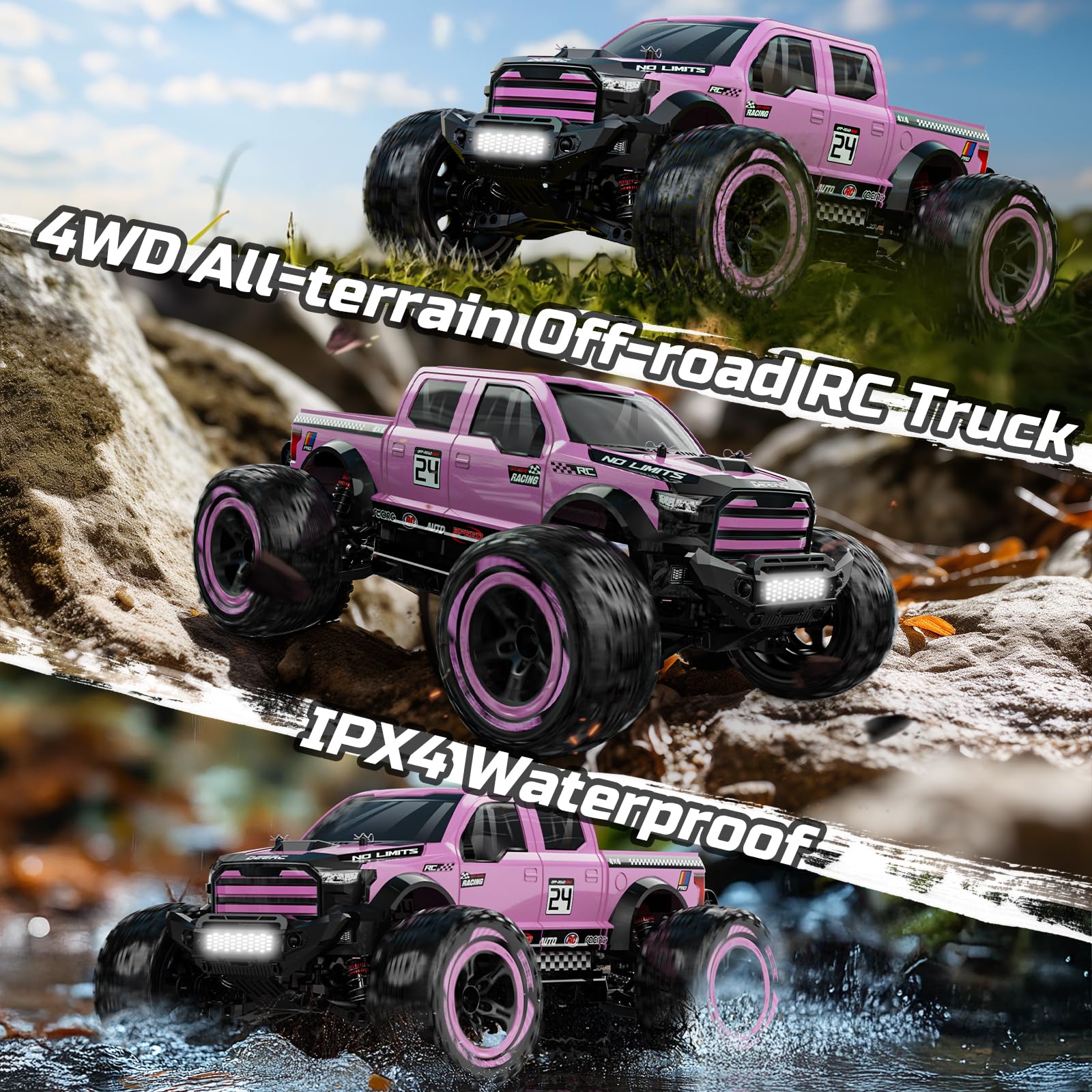 DEERC 1:10 Coche Teledirigido Rápidos para Adultos, Monster Truck 4x4 a Control Remoto, RC Coche 48+ km/h, Todoterreno de Alta Velocidad, Color Rosa, con 2 Baterías Modulares, Regalo para Niños