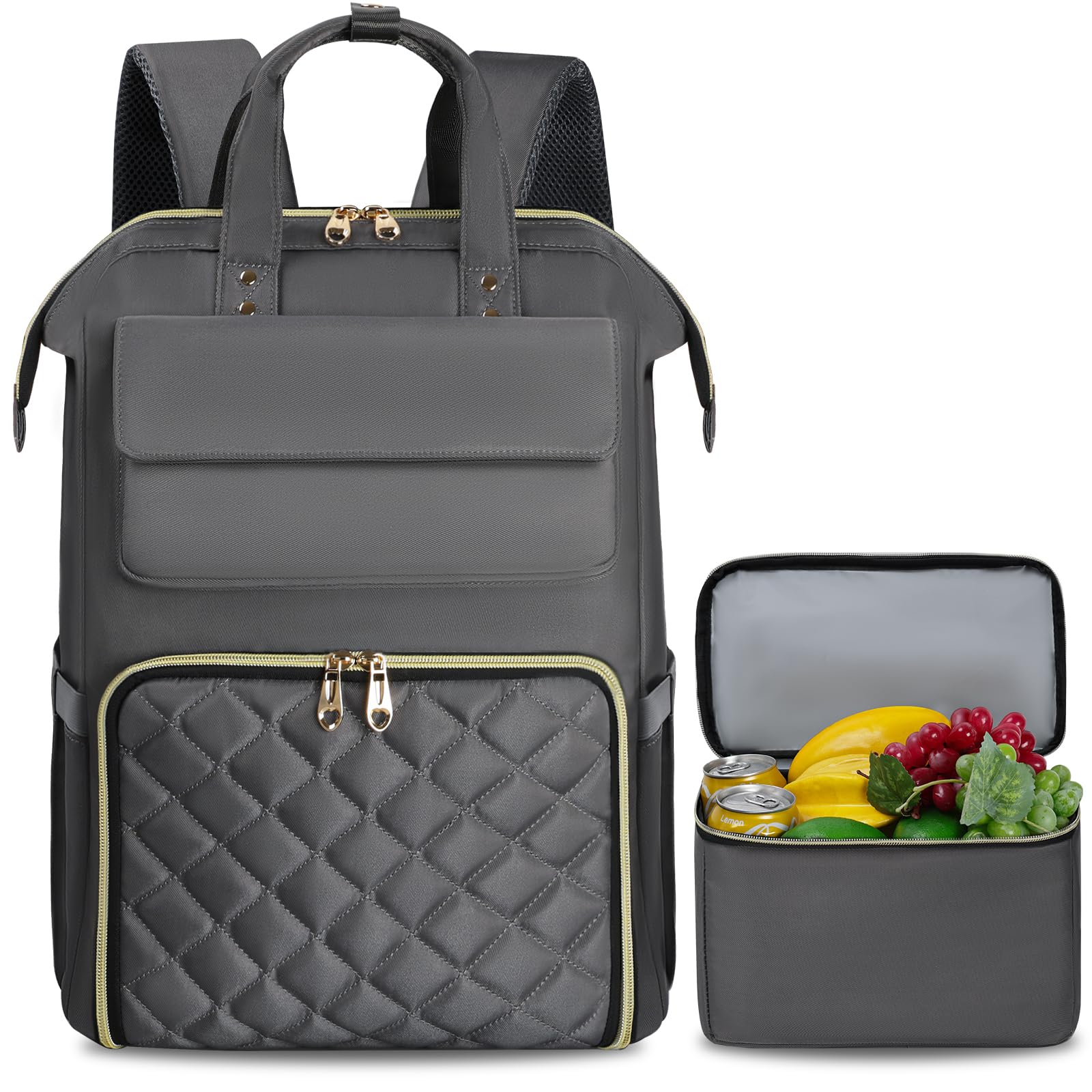 BERTASCHE Zaino per il pranzo, per laptop da donna da 15,6 pollici, con borsa termica isolata, zaino da lavoro 2 in 1, per donne, lavoro, lavoro, viaggi, insegnanti, scuola, università, grigio chiaro