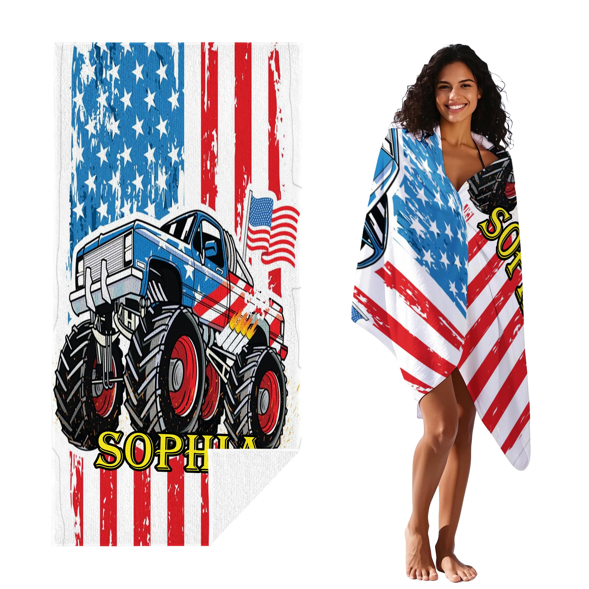 JML Personalized Custom Beach Towel, American Flag Car, Printed in USA, 35 x 70 inches, Quick Dry & Absorbent Customized Microfiber Swim Towel for