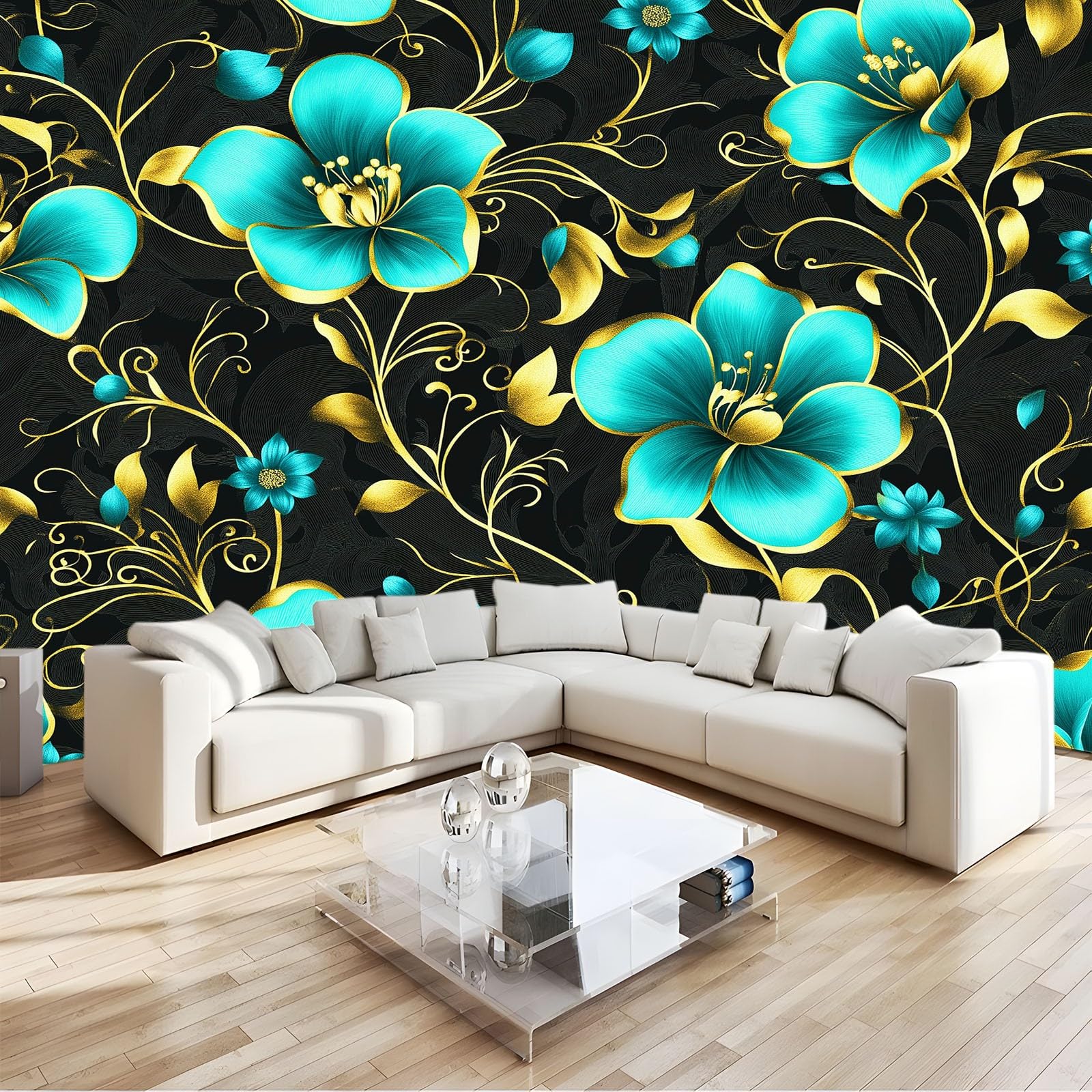 350 x 256 cm, fototapeta z włókniny, na wymiar, rośliny, kwiaty, złote pnącze, czarna, fotorealistyczny, druk HD, tapeta na fizelinie, tapeta z motywem, dekoracja ścienna, tapeta ścienna, dekoracja