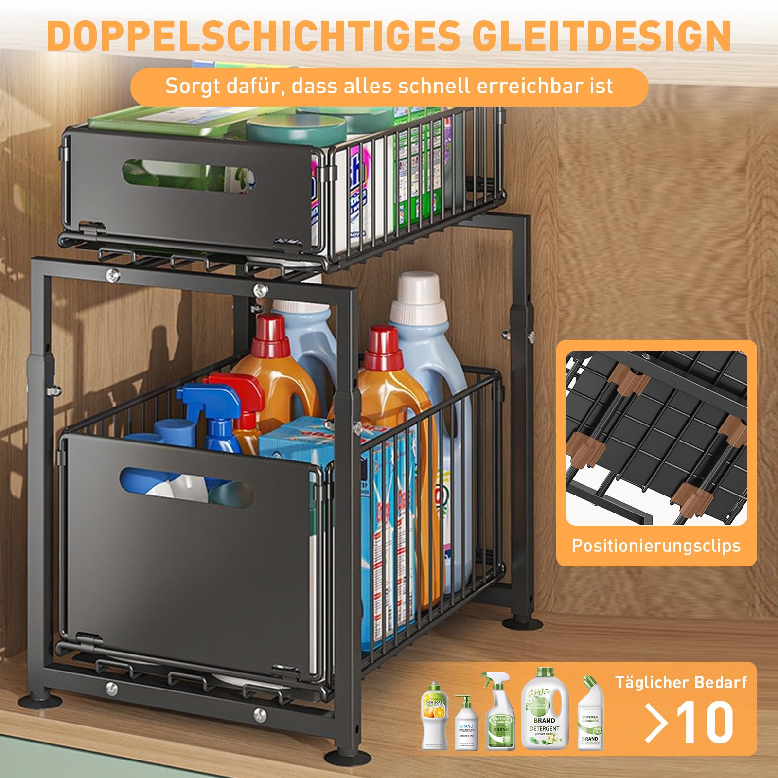 Unterschrank Organizer Küchenschrank mit 2 Etagen Küchenregal Arbeitsplatte Metall Unterspüle für Badezimmer, Anhebbares Mehrfunktional Gewürzregal Standregal