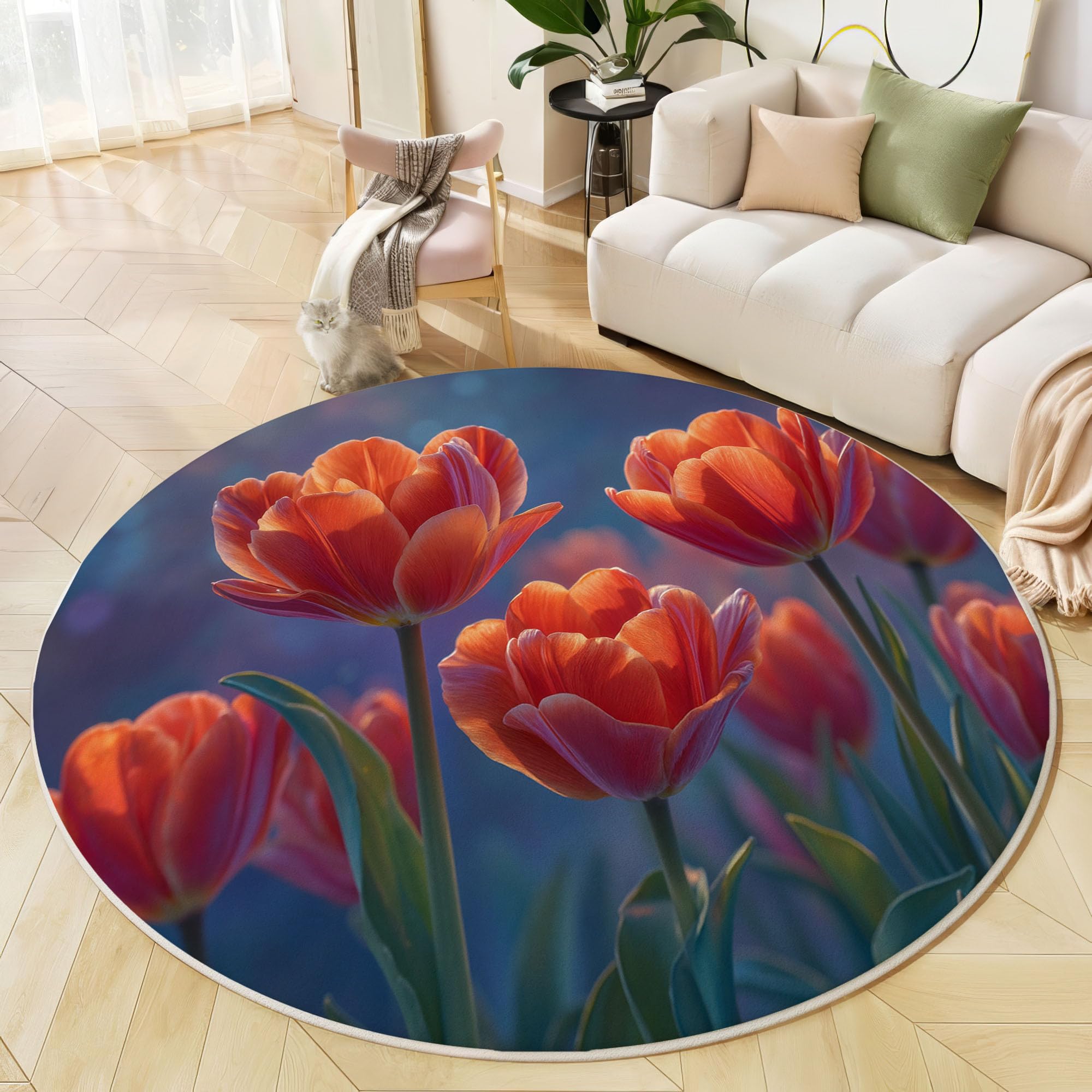 Tapis rond 80cm bleu tulipes en fleurs au design raffiné pour chambre