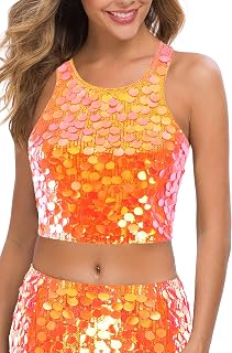 MANER Women's Contrast Sequin Crop Top Sparkle Club Tank Sleeveless Night Out Party Tops