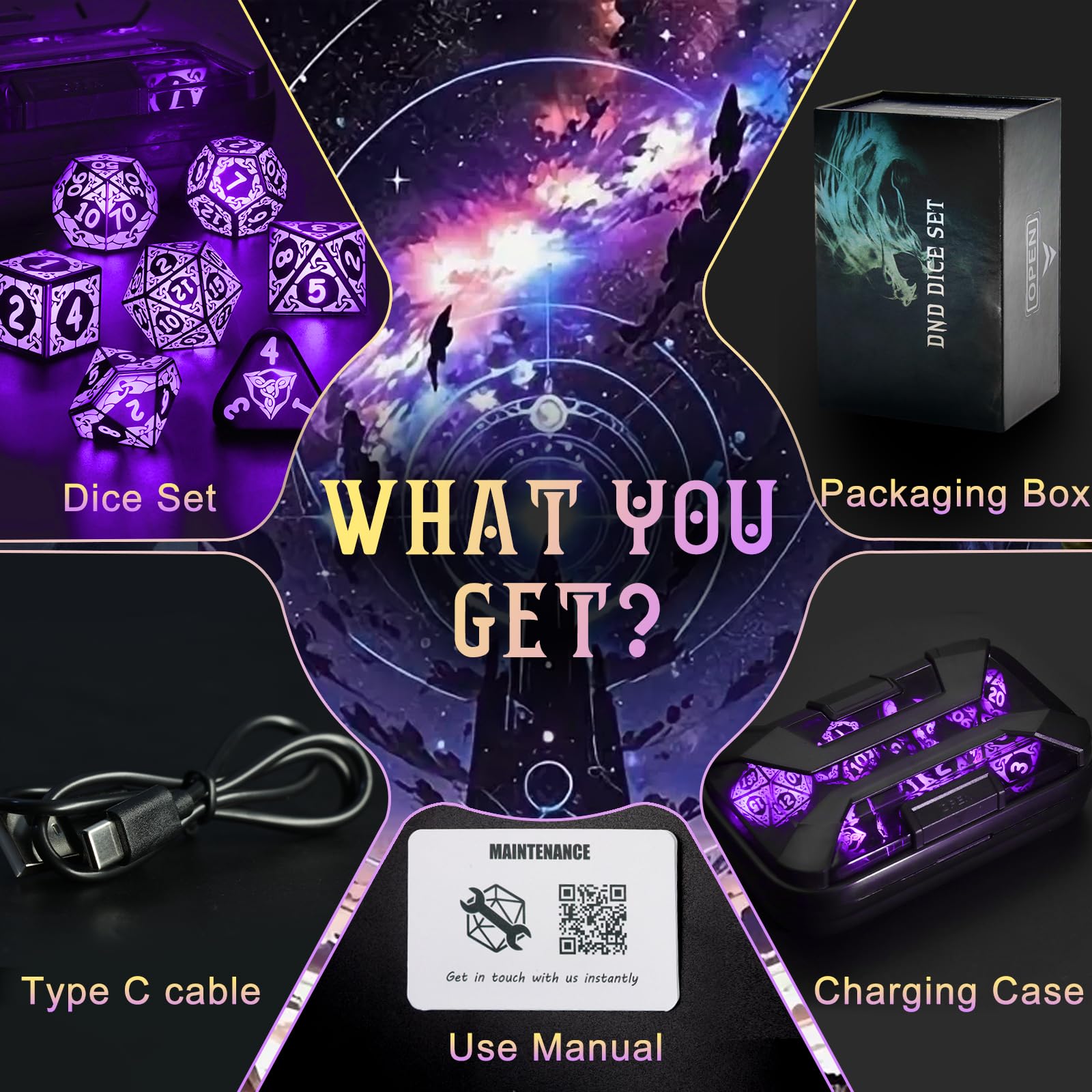 ZHOORQI Juego de dados LED DND recargables, dados de luz fría, carga inalámbrica para Dungeons and Dragons, dados poliédricos para juegos de rol, regalos D&D (grilletes morados)