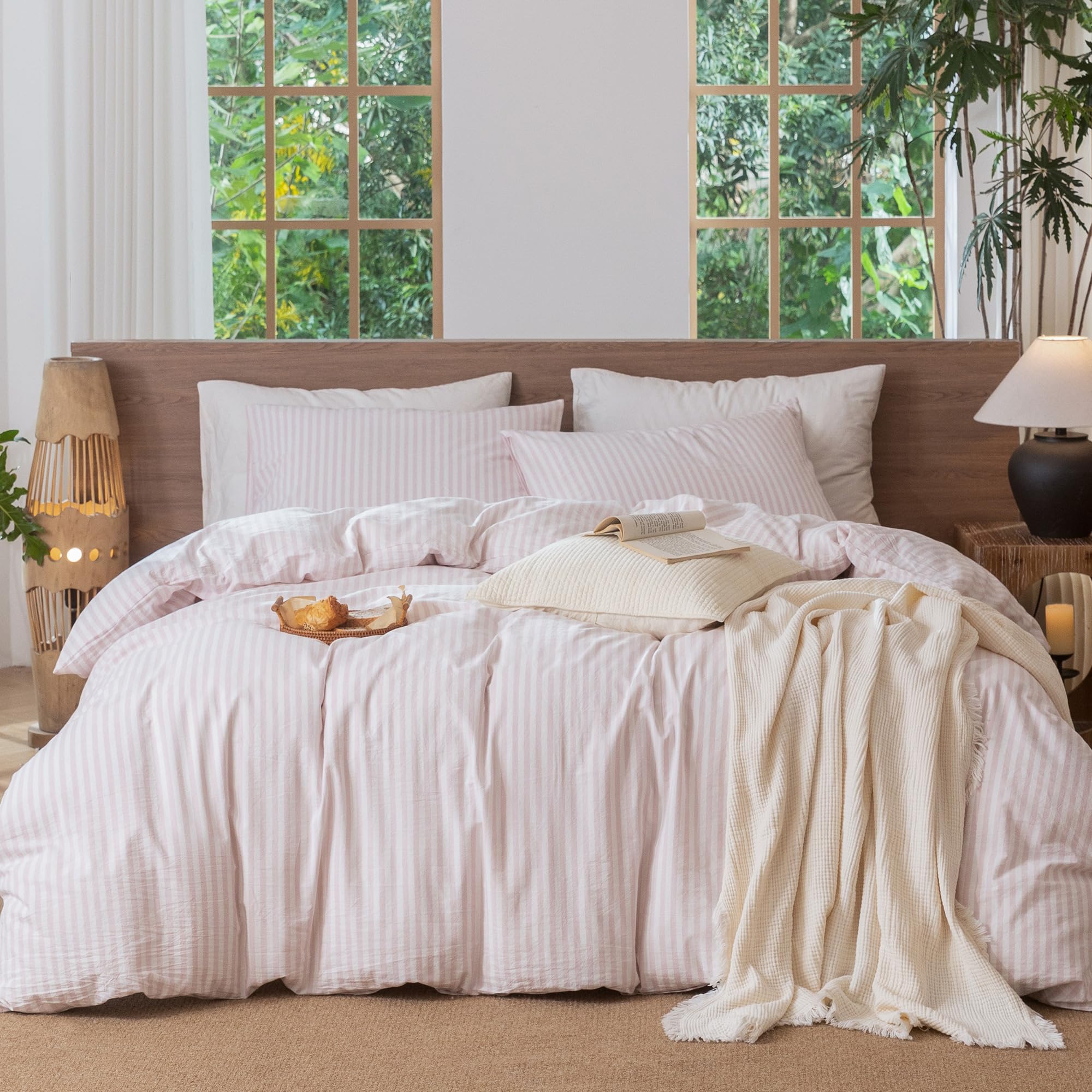 MooMee Striped Duvet Cover Set 100% Washed Cotton Linen Like Queen