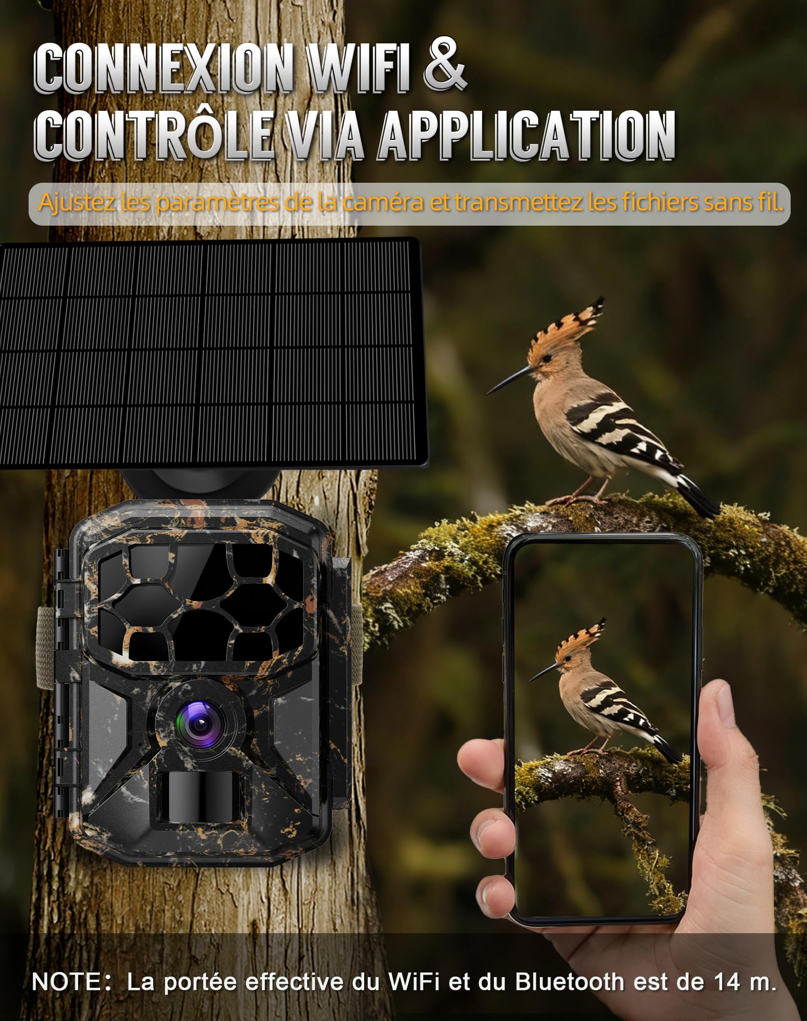 Caméra de chasse - Solaire 8K 60MP WiFi camera animaux,activation par mouvement en 0,1 seconde, portée de détection de 19,8 mètres, vision nocturne HD sans émission de lumière, résistance à l'eau IP66