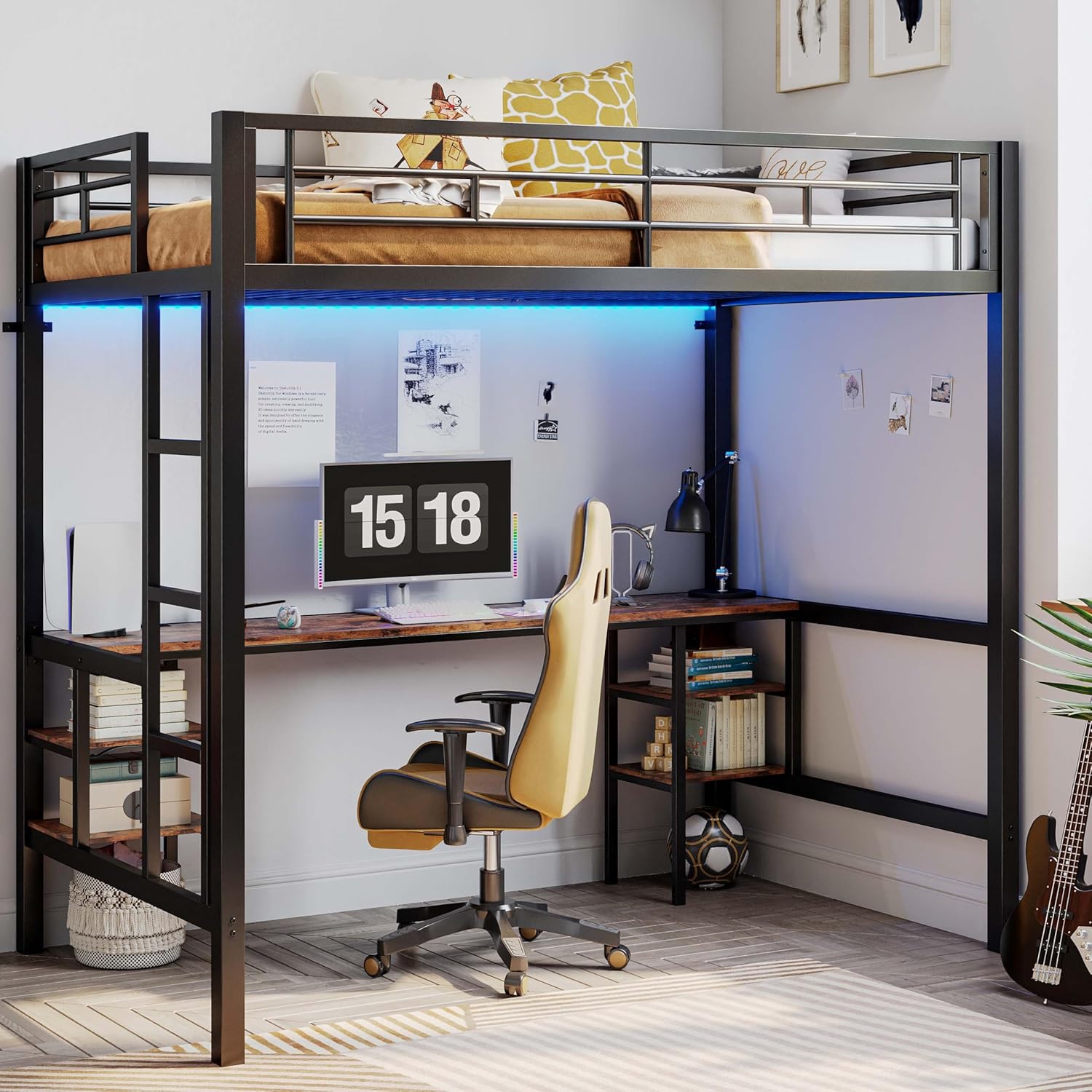 Overall view of the ANCTOR Twin Size Loft Bed with integrated desk and shelves.