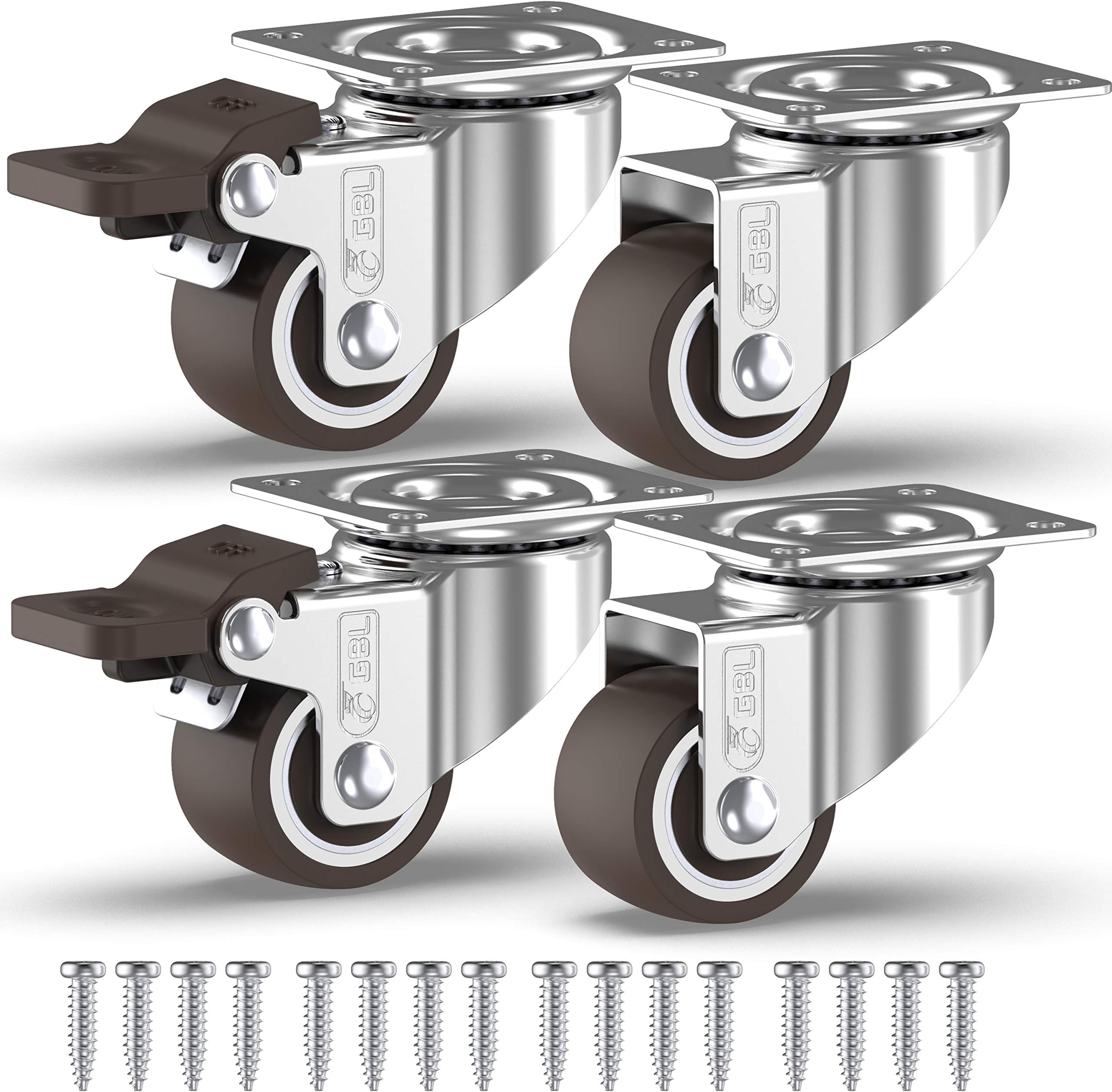 GBL 1" Small Caster Wheels with 2 Brakes + Screws - 90Lbs - Low Profile Castor Wheels with Brakes - Set of 4 No Floor Marks Silent Casters - Mini Wheels for Cart and Furniture