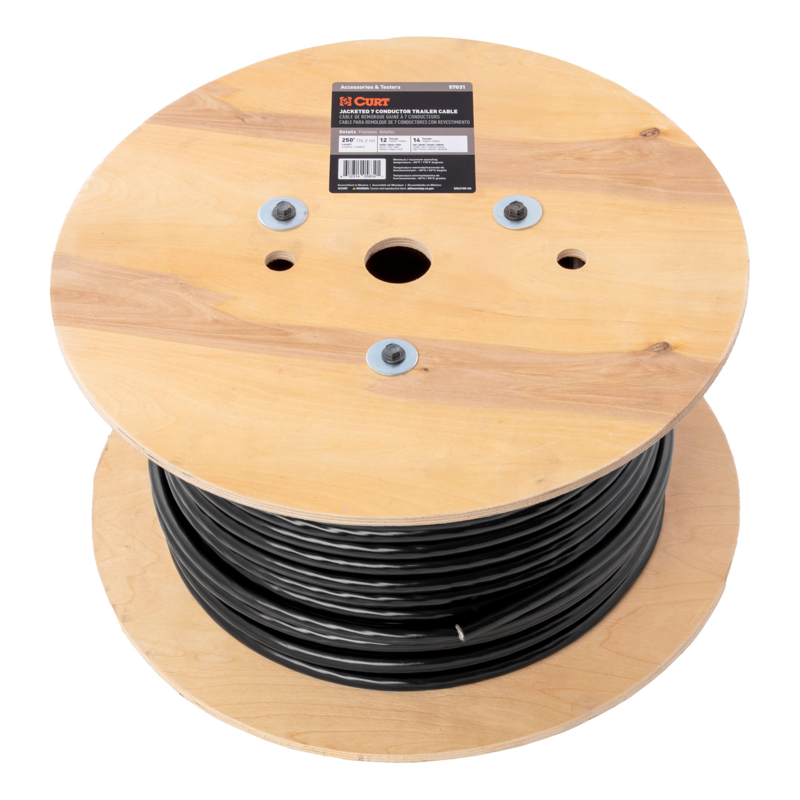 CURT 57030 7-Wire Trailer Cable Wiring, 250' Spool, 12/14 Gauge Wires