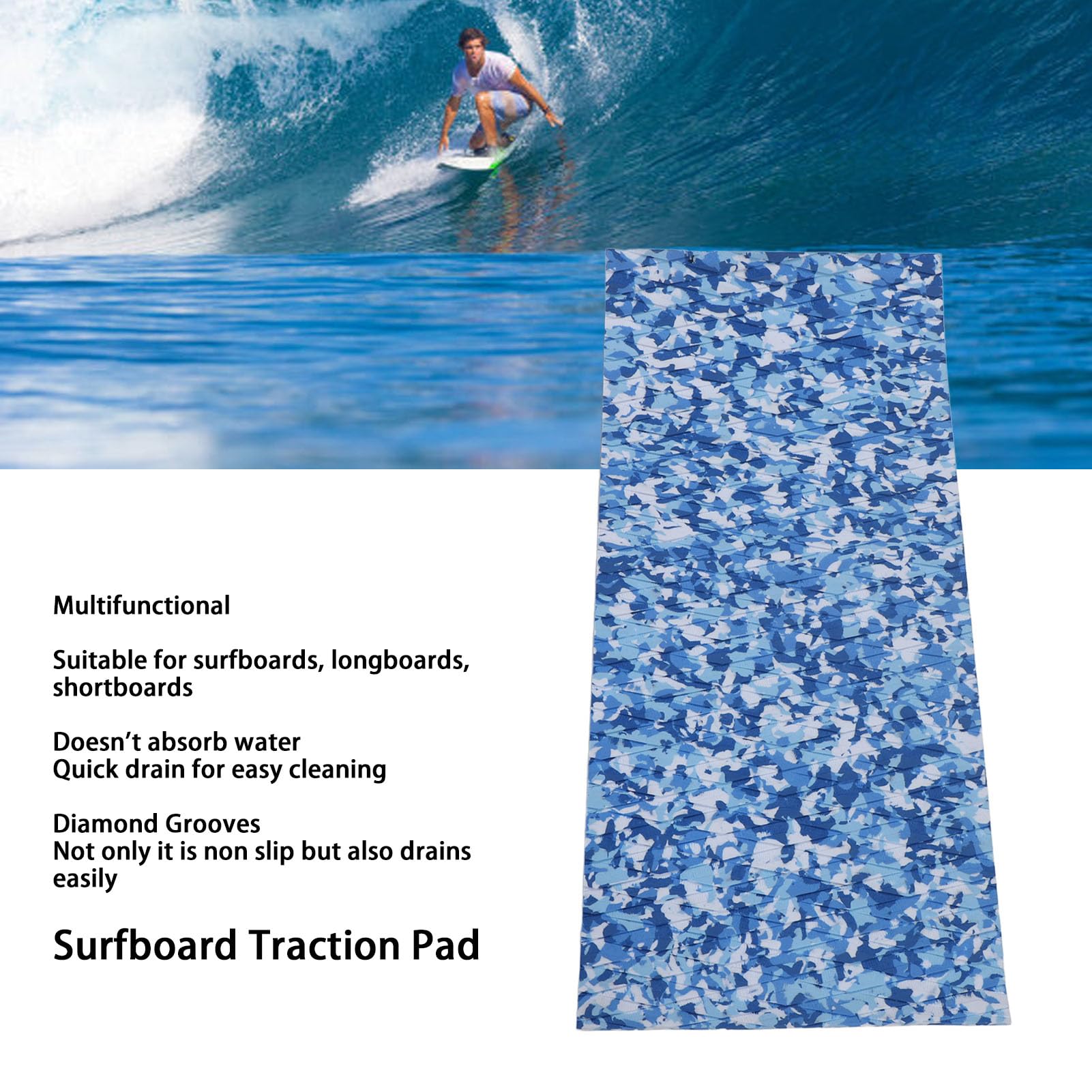 Asixxsix Surfboard Traction Pads, Non Slip Traction Pad Deck Grip Mat, Trimmable EVA Foam Boat Decking Marine Carpet for Boats Surfboard Board Kayak (Blue Camouflage)
