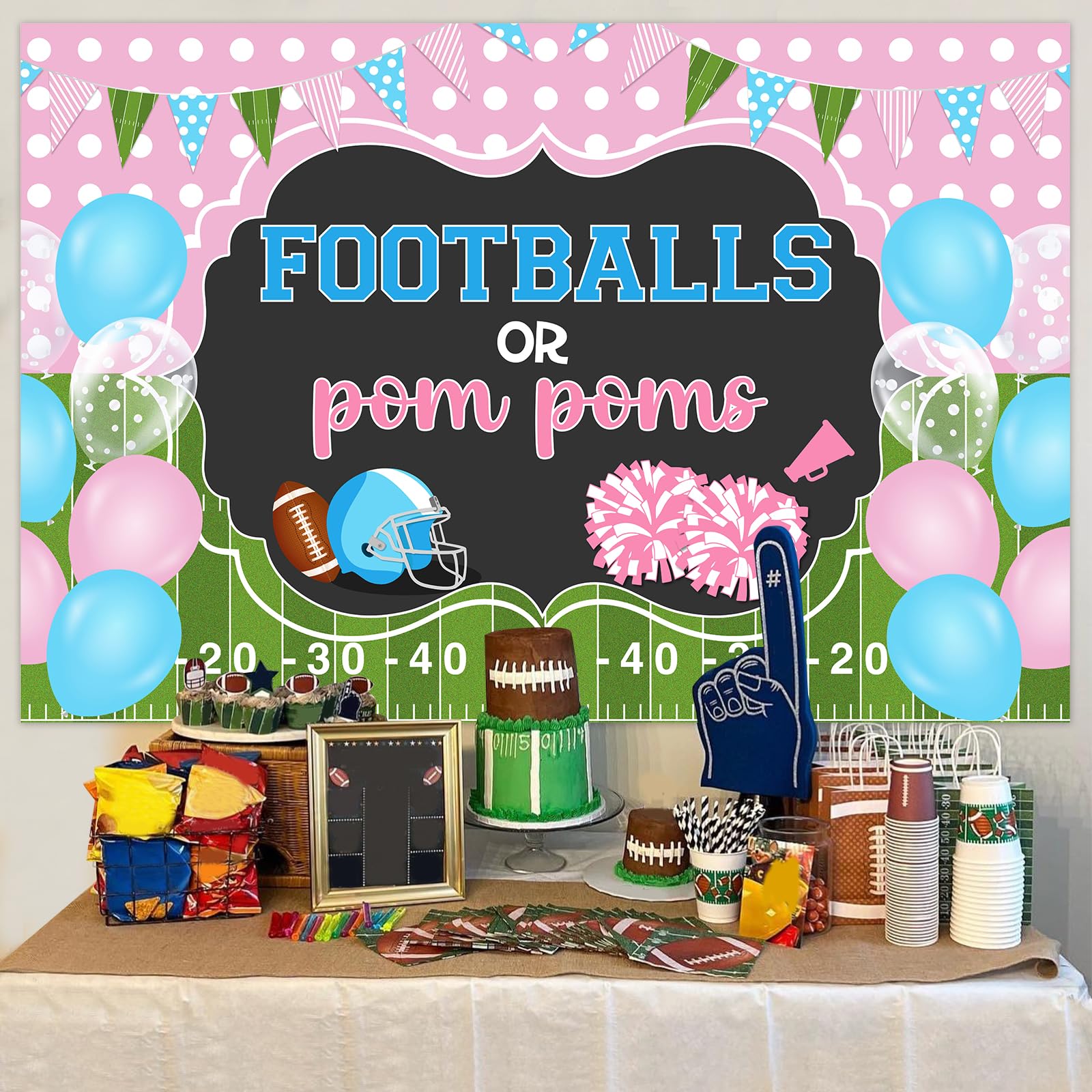 Wonmelody Football Gender Reveal Decorations 5 * 3ft Football or Pom Poms Gender-Reveal Backdrop Banner Pink and Blue Gender-reveal Soccer Baby Shower Party Decorations for Sport Baby Shower - Image 2