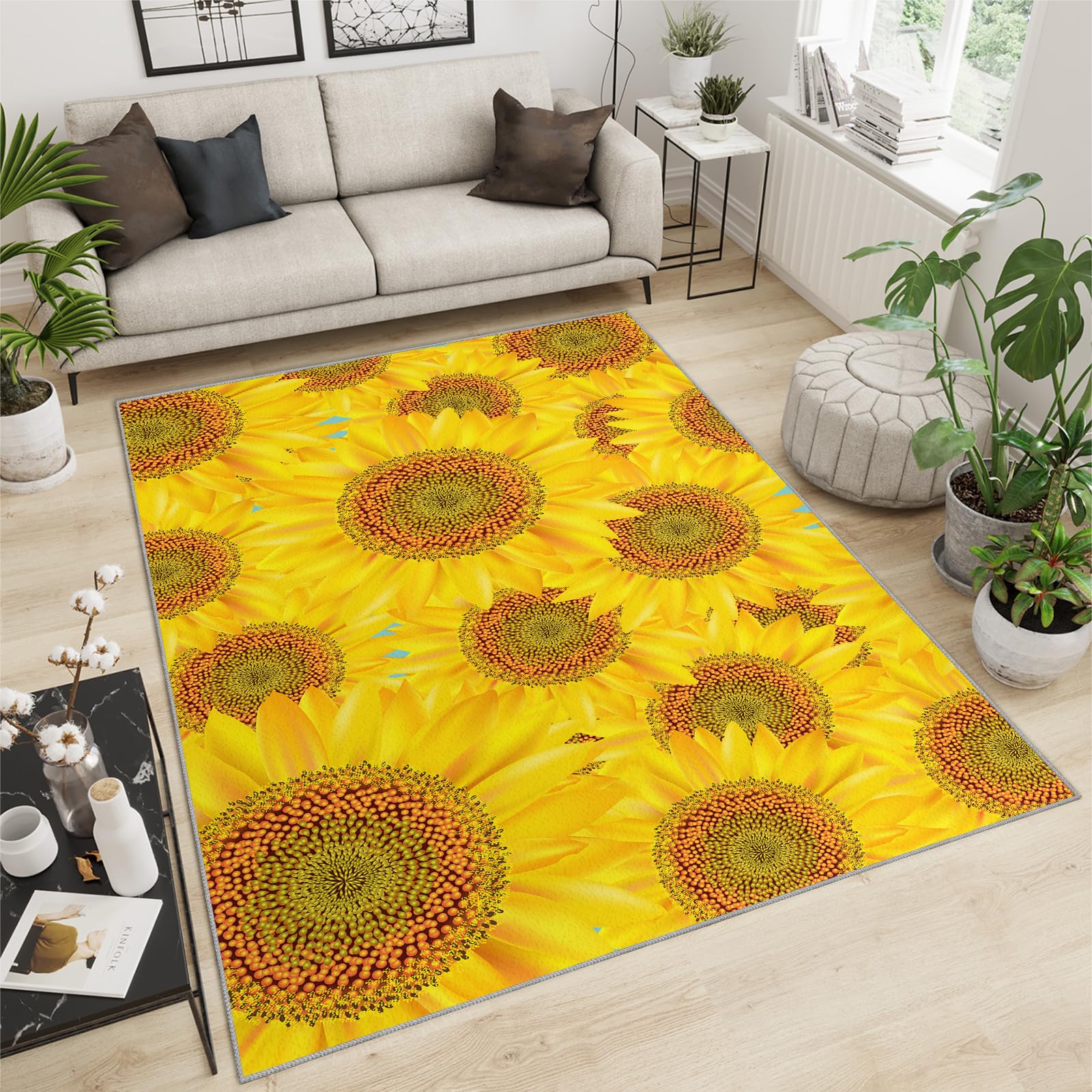 QDJKBL Area Rugs 70 X 120 Cm Yellow Sunflower Plant Flower, Modern Gradient Botanical Floral Apartment Carpet, Low Pile Rug With Backing for Living Room