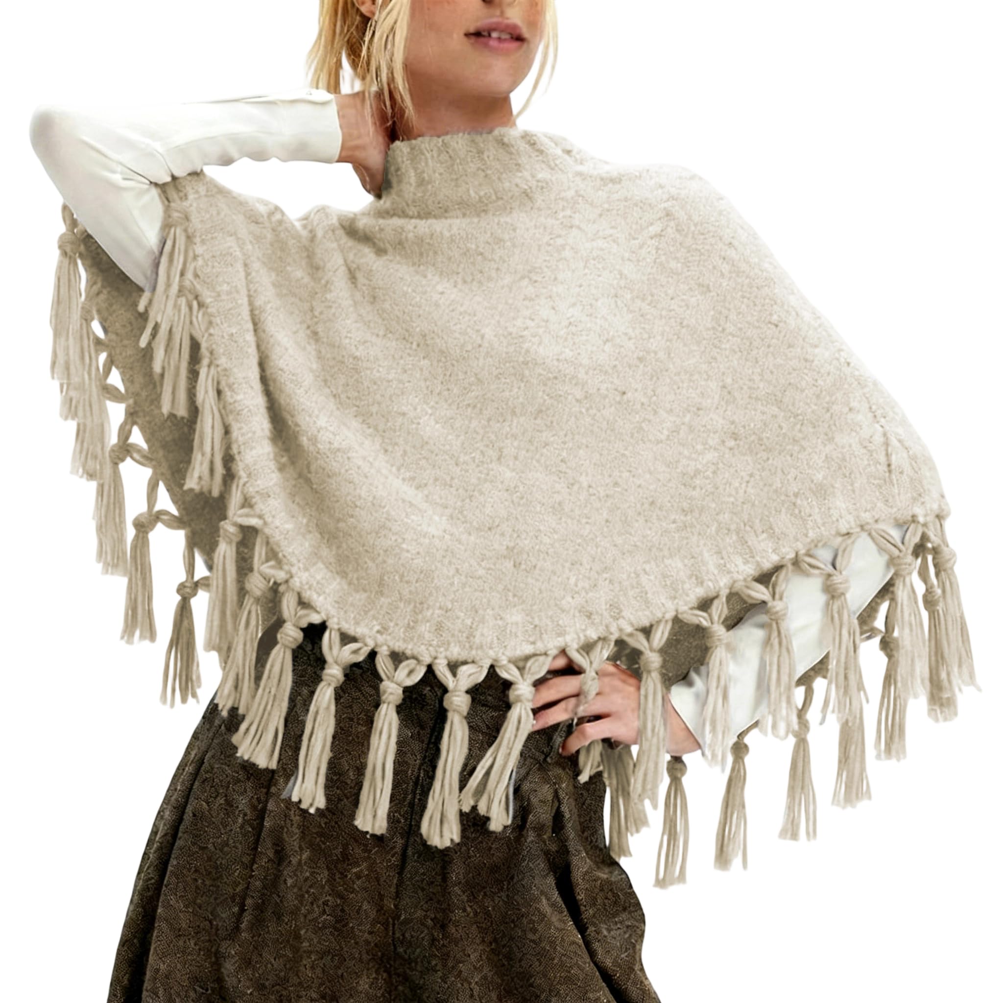Bocymolay Women Tassel Poncho Sweater Mock Neck Crop Knit Shawls Wraps Pullover Sweaters Scarf Cape