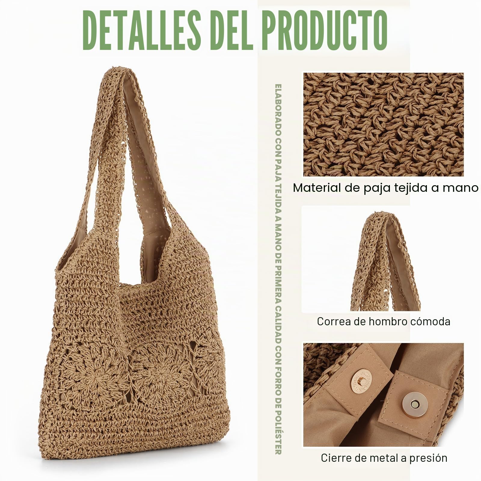 Bolso Tote de Paja para Mujer Grande Verano Playa Tejido Bolso Bandolera para Viajes Vacaciones