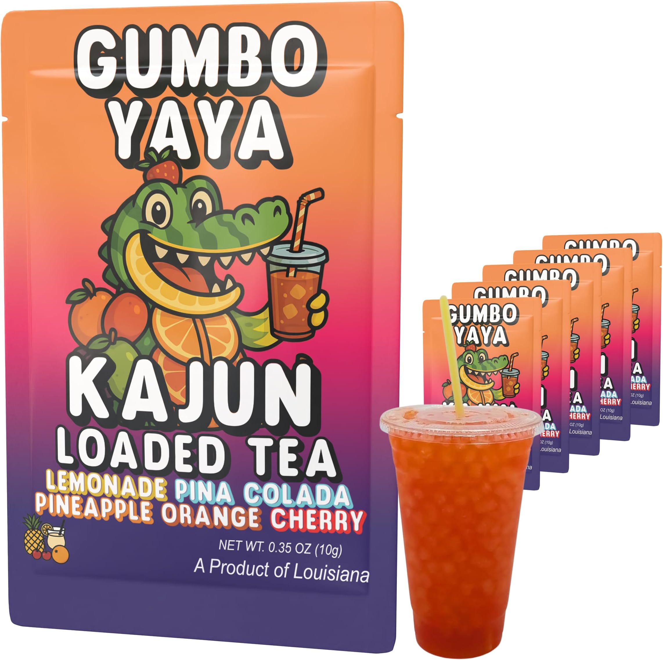 Kajun Loaded Tea Packets – Gumbo Yaya | Lemonade + Pina Colada + Pineapple + Orange + Cherry Flavor | Sugar Free Energy Tea Powder | 250mg Green Tea Caffeine | Zero Calories | Keto Friendly