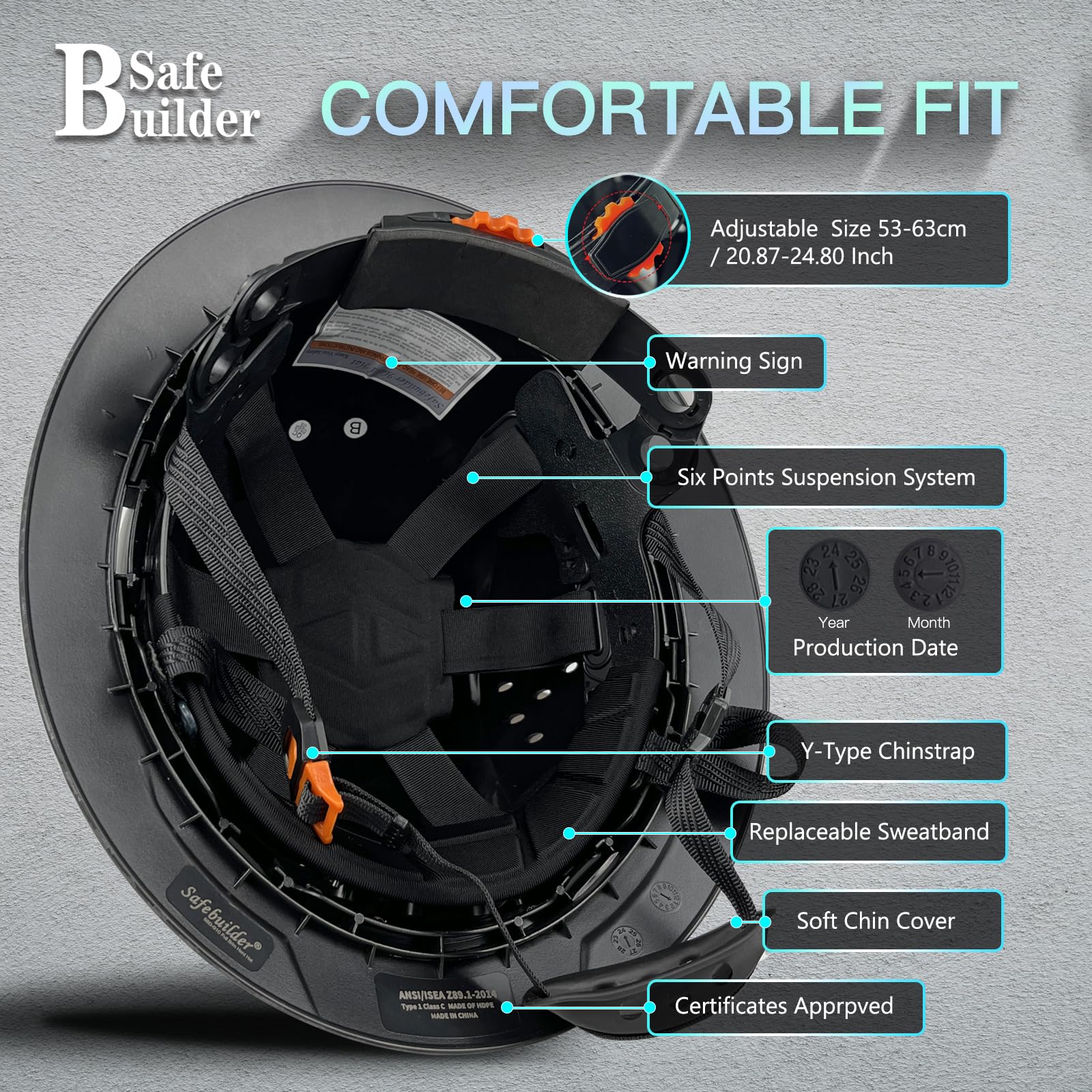 SAFEBUILDER SBD-G1C Casque de sécurité à bord complet en polyéthylène haute densité ventilé avec pare-soleil Motif fibre de carbone Travail industriel Certifié ANSI/ISEA Z89.1