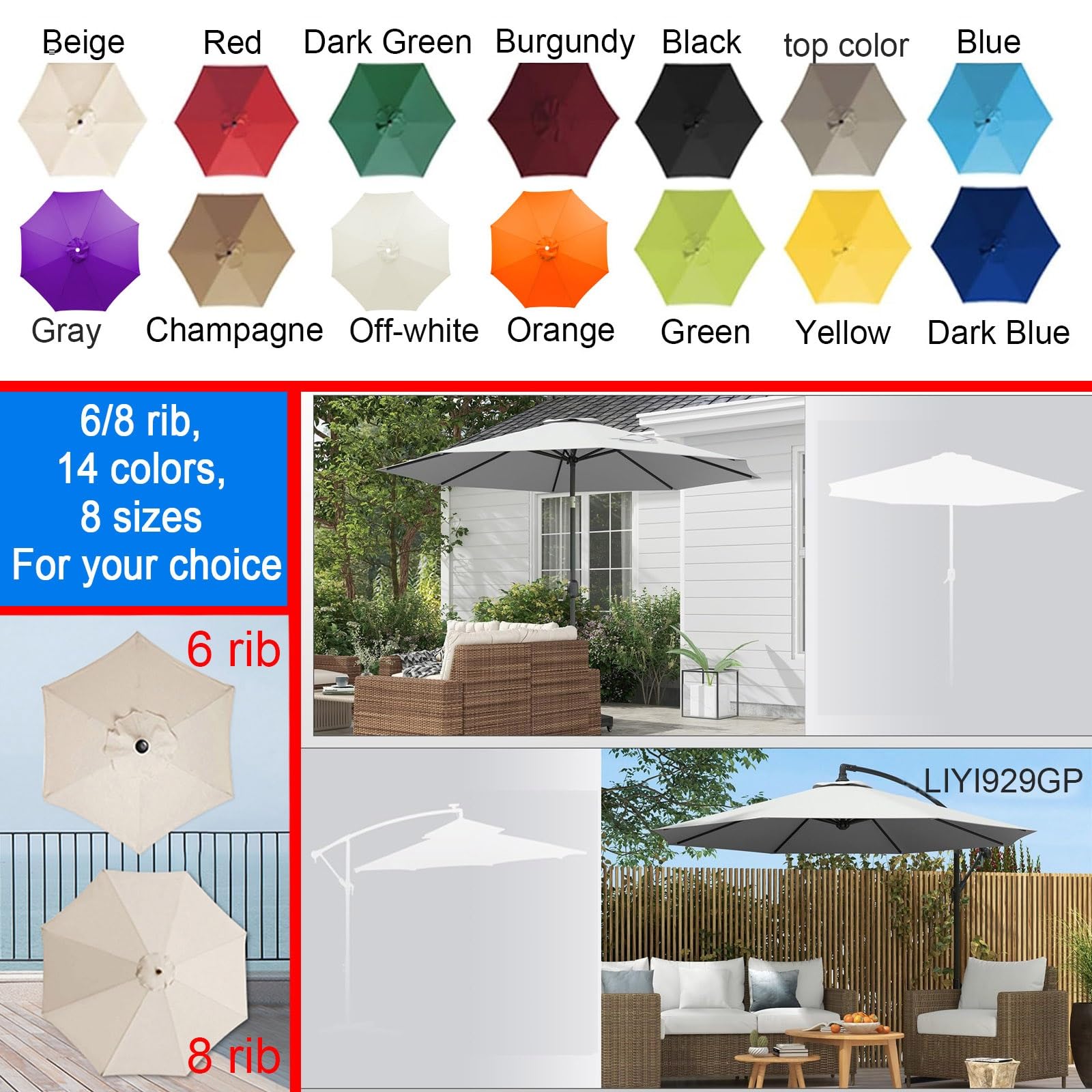 Épaissir Auvent De Remplacement Pour Parasol, 200-400cm Déporté Dessus De Parapluie En Polyester, 6/8 Baleines ProtectionUV Housse De Rechange, Lavable, Pas Facile Décolorer(Off-white,3m-6Ribs)