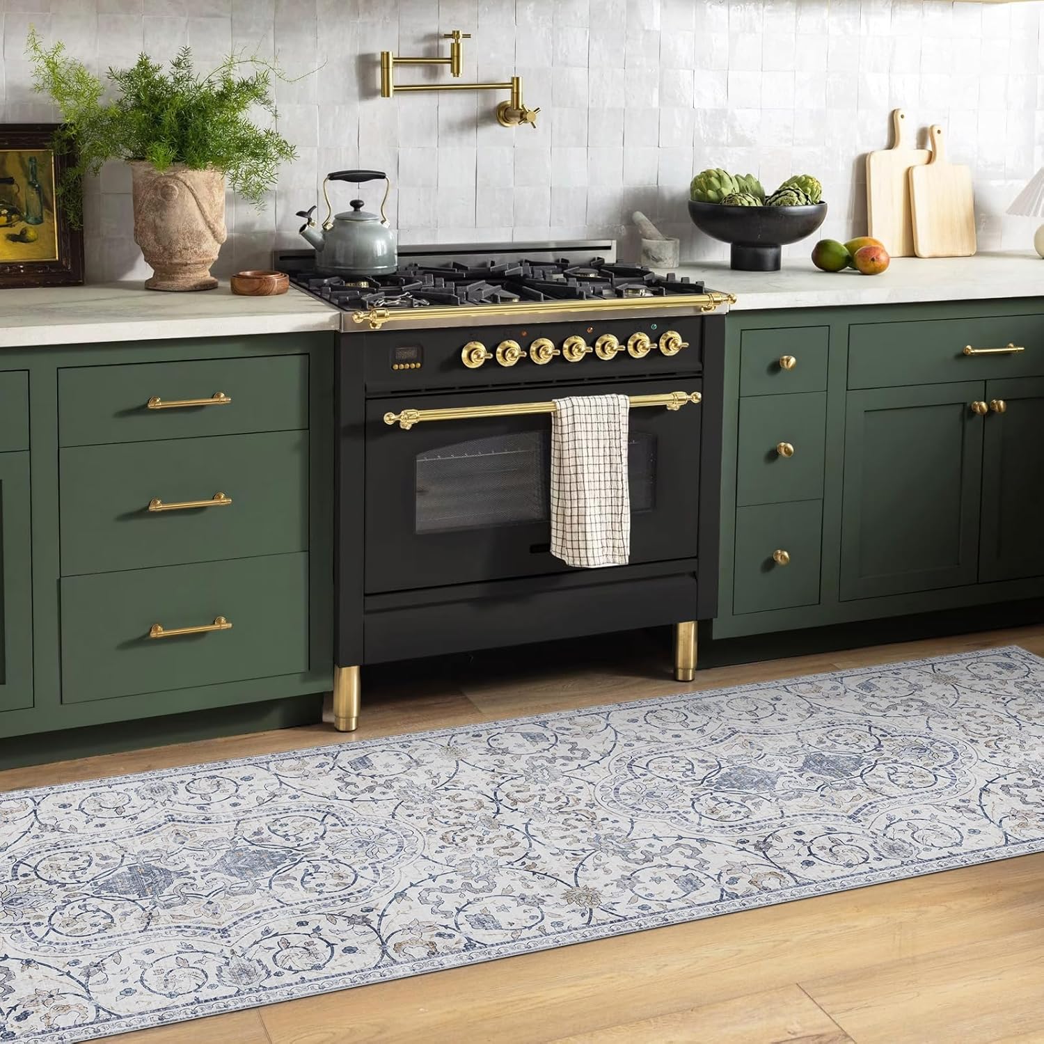 2'×6' Blue Floral Vinyl Runner Rug, Non-Slip Floor Mat for Hallway, Kitchen, Entryway, Waterproof&Stain-Resistant Vinyl Floor Mat, Easy Clean Plastic Floor Protector for High Traffic Areas, Runners Blue 2' x 6'