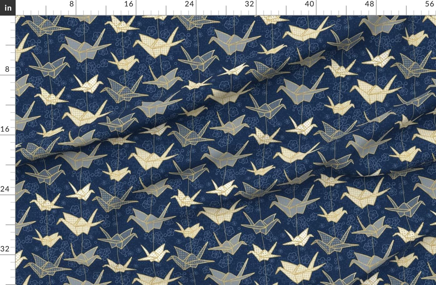 Spoonflower Fabric - Luck Cranes Origami Japanese Crane Peace Gold Cherry Blossom Japan Printed on Organic Cotton Sateen Fabric by The Yard - Sewing Quilting Apparel Home Decor