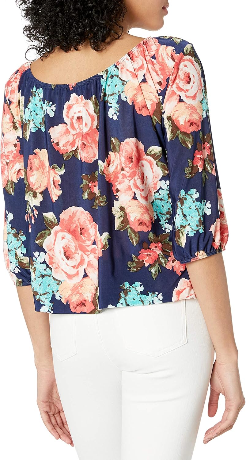 Star Vixen Women's Peasant Top with 3/4 Sleeve and Elastic Hem Navy/Floral - Image 2