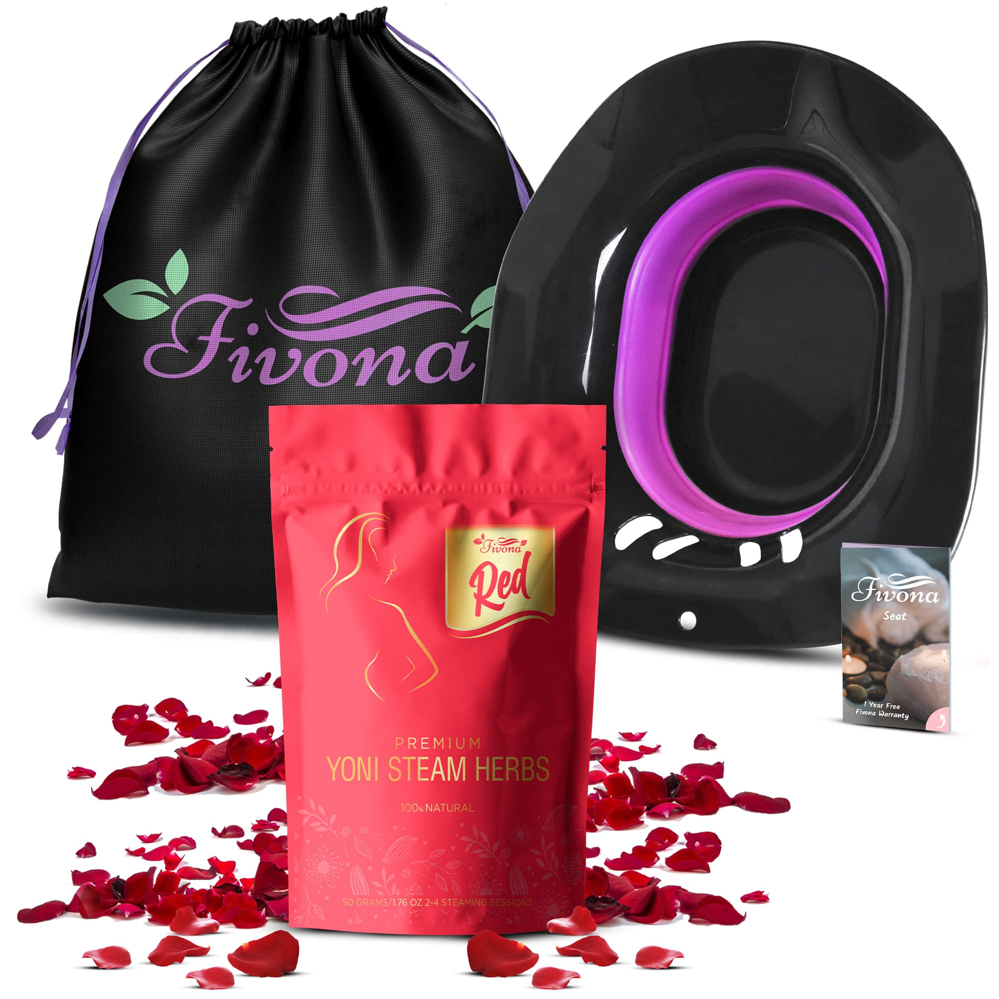 Fivona 3-in-1 Yoni Steam Kit - Foldable Over The Toilet Seat with Red Premium V Steaming Herbs and Storage Bag - Effective Detox pH Balance Cleansing and Relaxation - at Home V-SPA