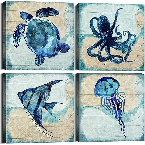Boho Beach Bathroom Decor Navy Blue Fish Sea Turtle Jellyfish Octopus Canvas Wall Art Ocean Nursery Picture Under the Sea Animal Kids Painting for Living Room Bedroom Office Home Decorations 12x12" 4P