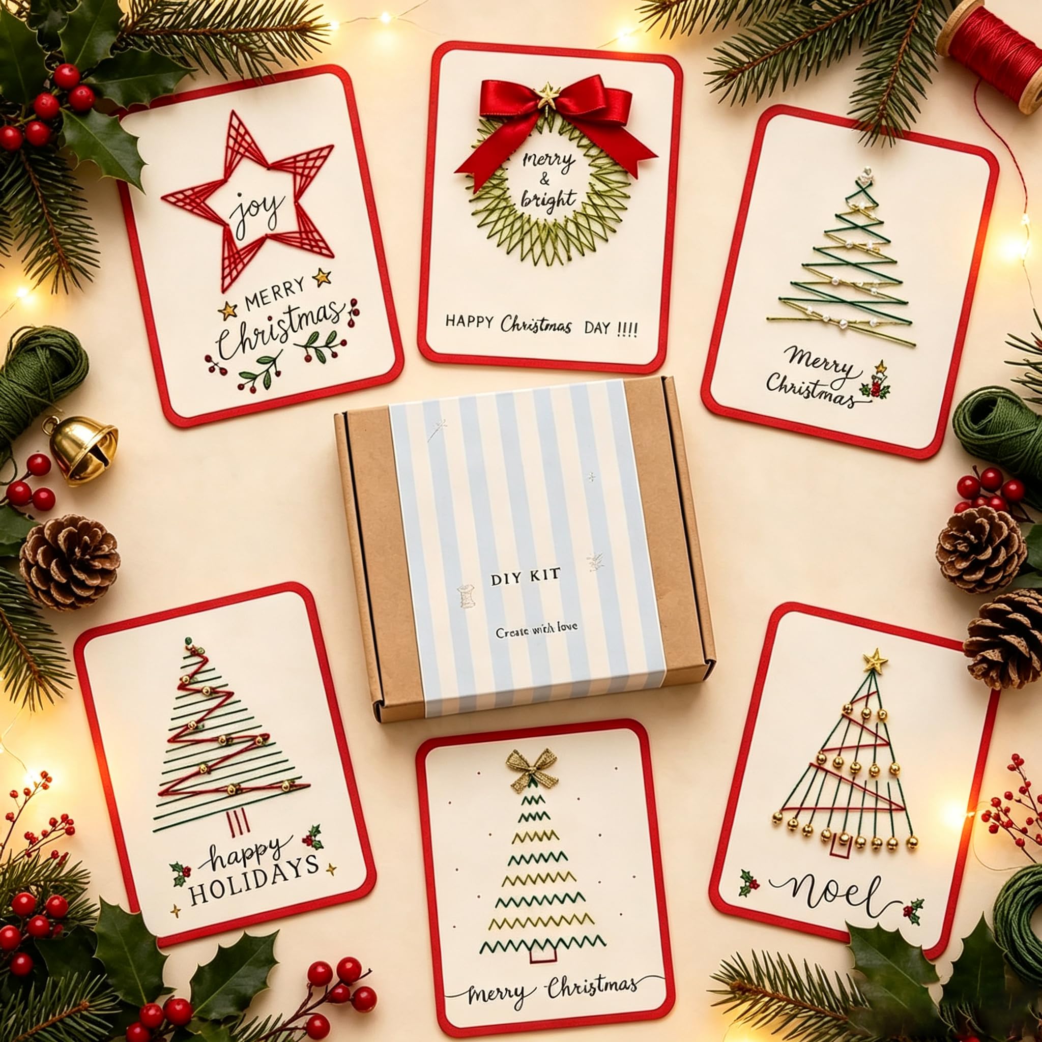 Merry Christmas DIY Kit, 6-Piece Stitch Christmas Cards by Hand (B)