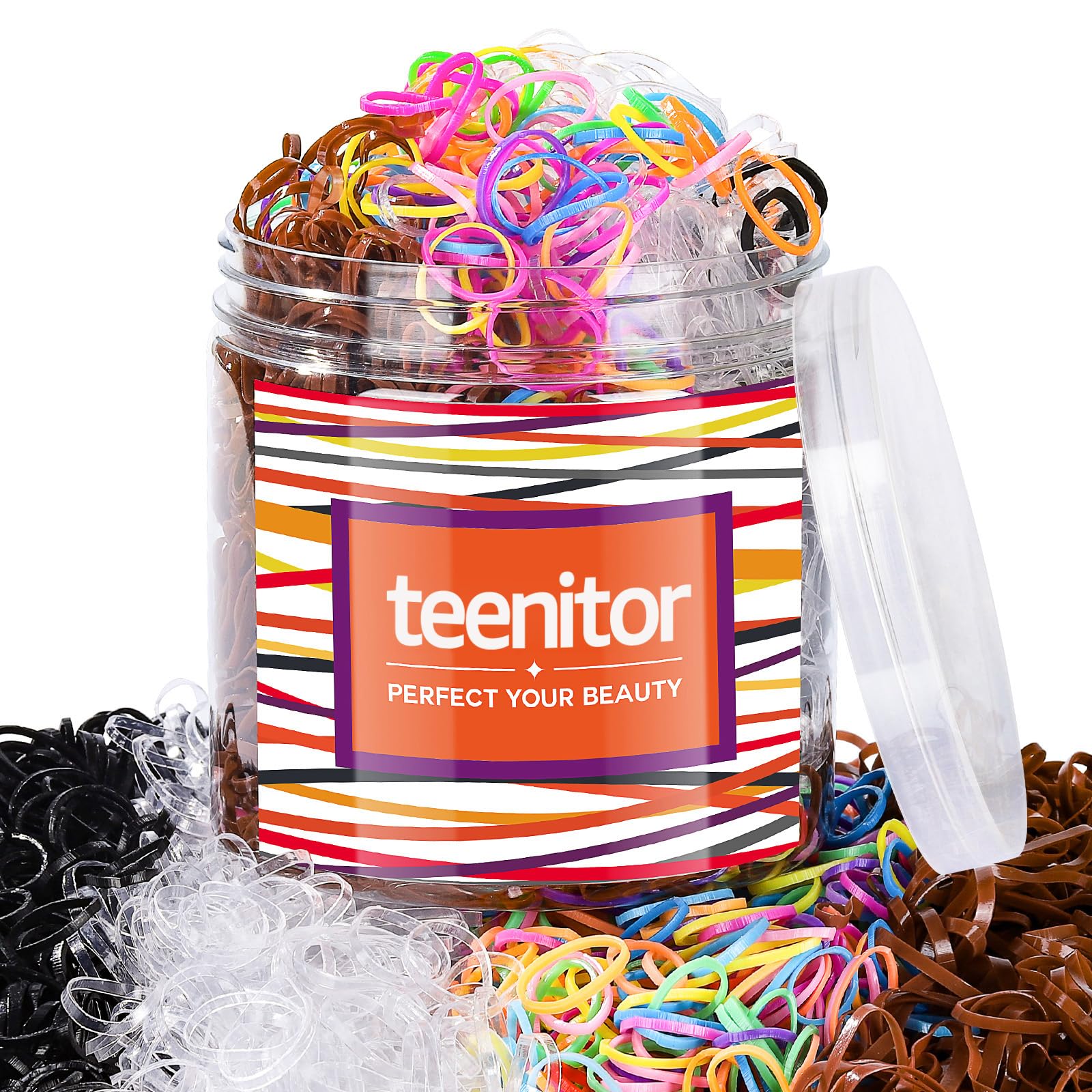 Teenitor Bandas elásticas para el pelo, 2000 unidades de gomas para el cabello, gomas elásticas para el cabello, lazos pequeños para el cabello, transparente, negro, marrón y color