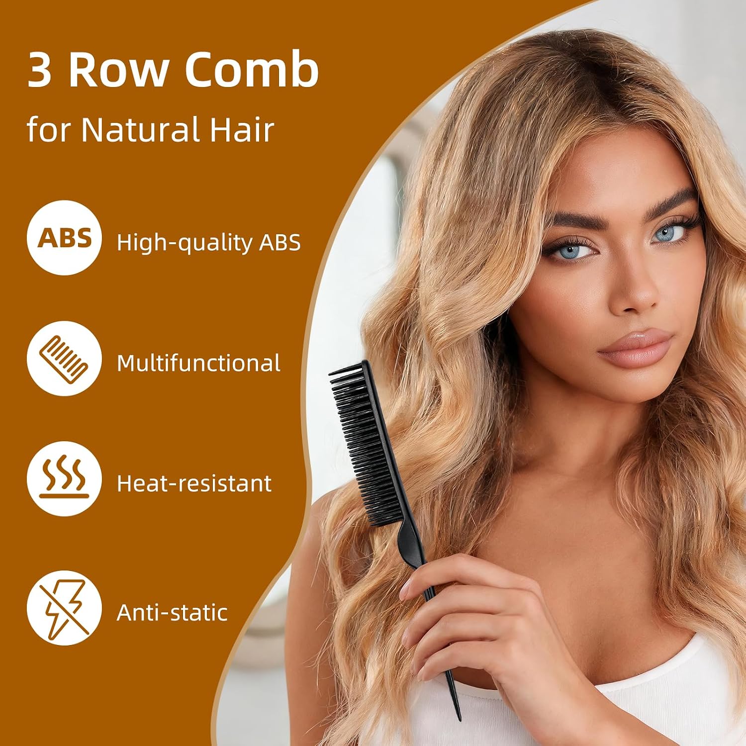 3 Row Comb for Natural Hair, 4Pcs Three Row Comb for 4C Curly Hair, Styling Detangling Brush Unbraider Teasing Rat Tail for Black Hair