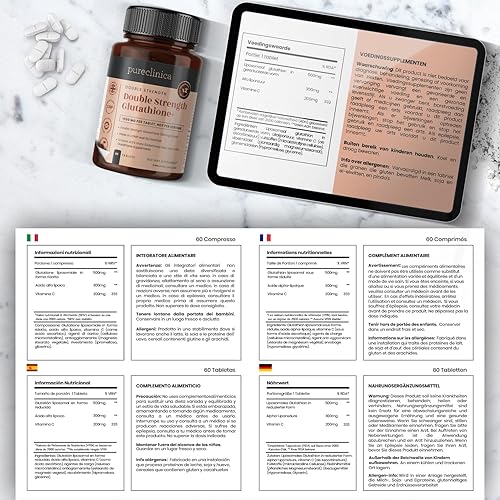 Miniatura 5 de pureclinica Glutatión de doble fuerza de 500 mg x 60 comprimidos - 2 botellas (120 tabletas). 500 mg de glutatión reducido, 300 mg de vitamina C,