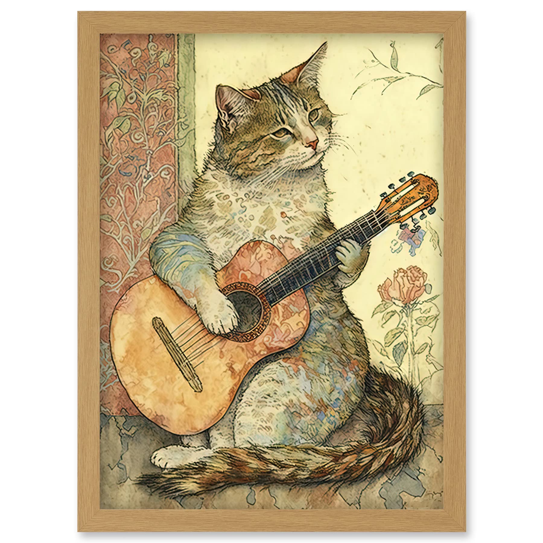 Artery8 Street Musician Cat with Guitar by Flower Pattern Mural Pastel Watercolour Illustration Artwork Framed Wall Art Print A4