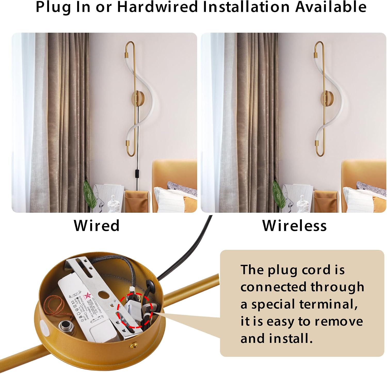 Modern LED Plug in Wall Sconces, 15W 1200LM 3000K Plug-in/Cordless Wall Light Fixtures for Bedroom and Living Room, White Flexible Silicone LED Tube Wall Mount Reading Lamp, Gold Left