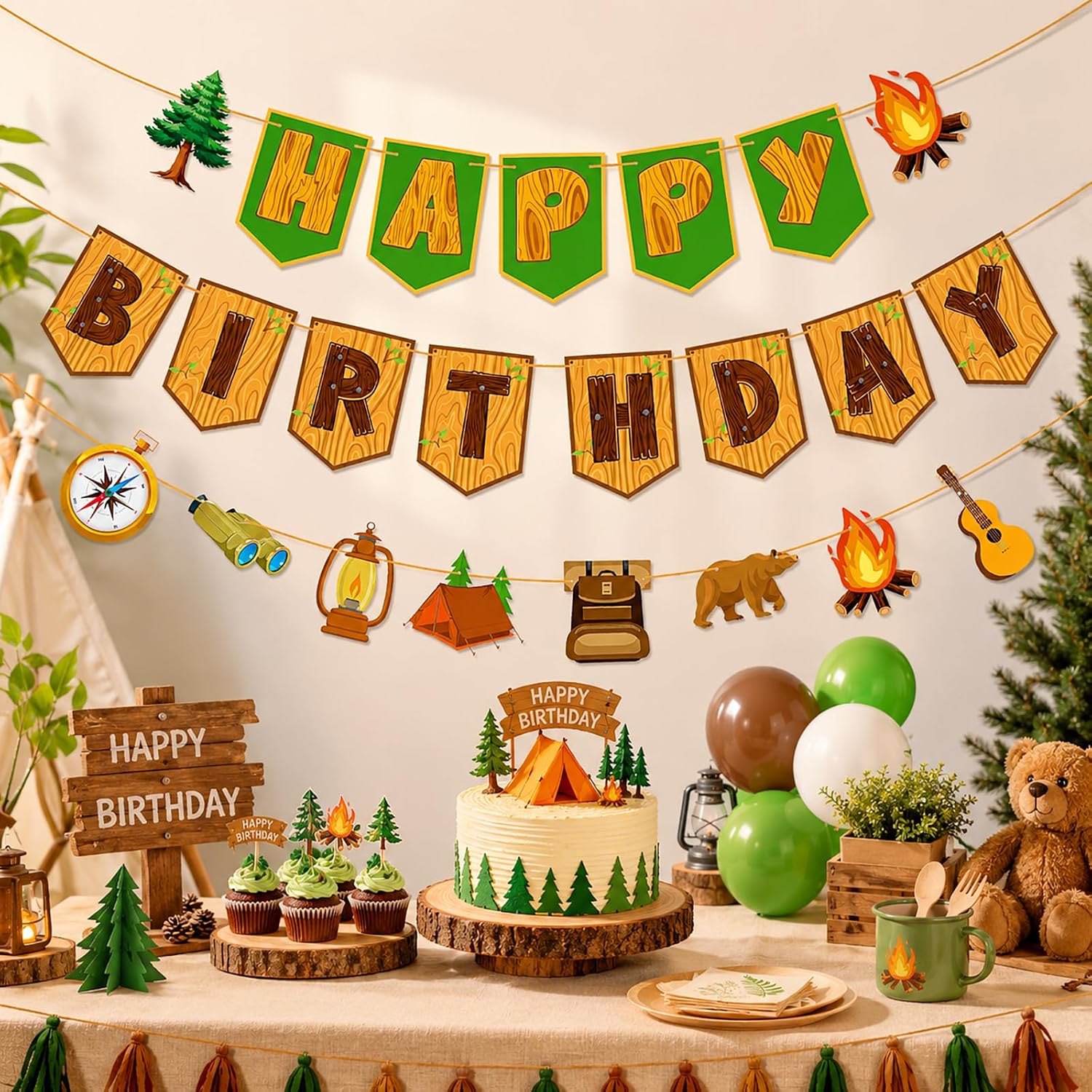 Camping Happy Birthday Banner Bear Campfire Tent Garland for Adventure Camping Themed Party Decorations Forest One Happy Camper Birthday decor