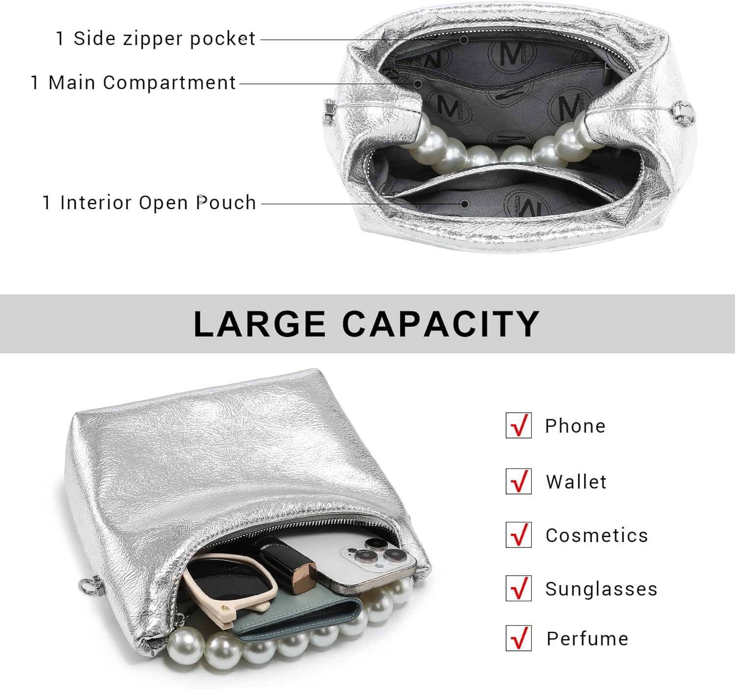 Pearl Handle Evening Clutch Purse for Women - Stylish Small Top Handle Handbags for Wedding Party | Elegant Pearl Handle, Shiny Patent Leather, Fits Phone Lipstick, Chain Strap, Perfect Gift