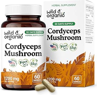 Wild & Organic Cordyceps Mushroom Capsules 1200 mg - Immune & Energy Support - Cordyceps Mushroom Powder Supplement - Pure Mycelium Extract - Vegan, No Fillers, Non-GMO - 60 Count