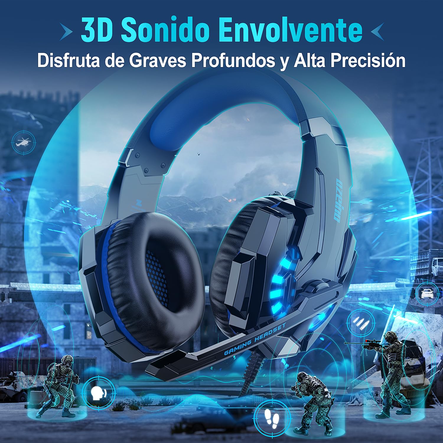 Ozeino Cascos Gaming para Ps4 Ps5 PC Switch Xbox, Auriculares Gaming con Sonido 3D Estéreo Micrófono de Cancelación de Ruido Luz RGB, Cascos con Cable para Laptop Teléfono Mac