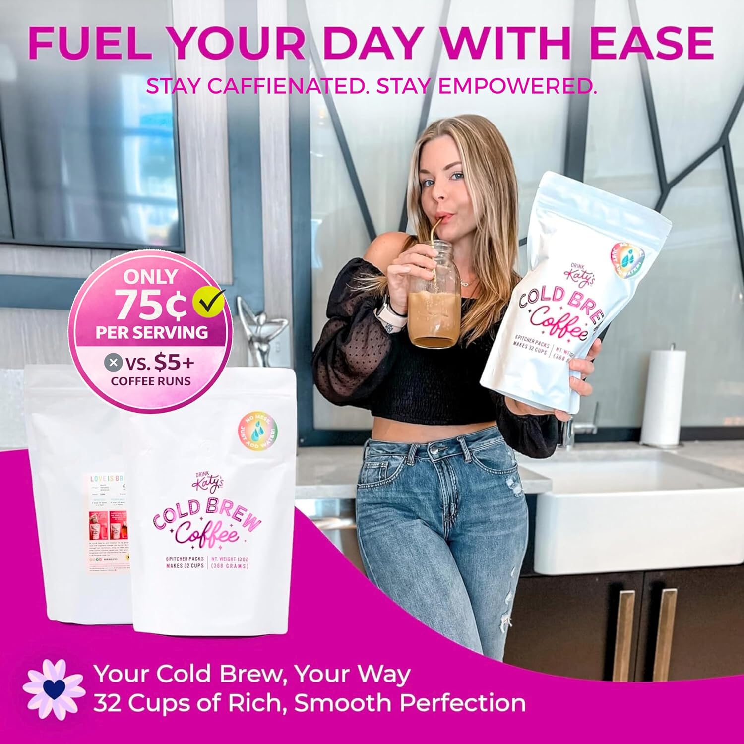 Katy’s Cold Brew Coffee Bags (Makes 32 Cups) Smooth, Low-Acid, No Bitter Aftertaste – Medium-Dark Brazil Roast – 6 Large Pitcher Packs – Just Add Water – Woman Owned