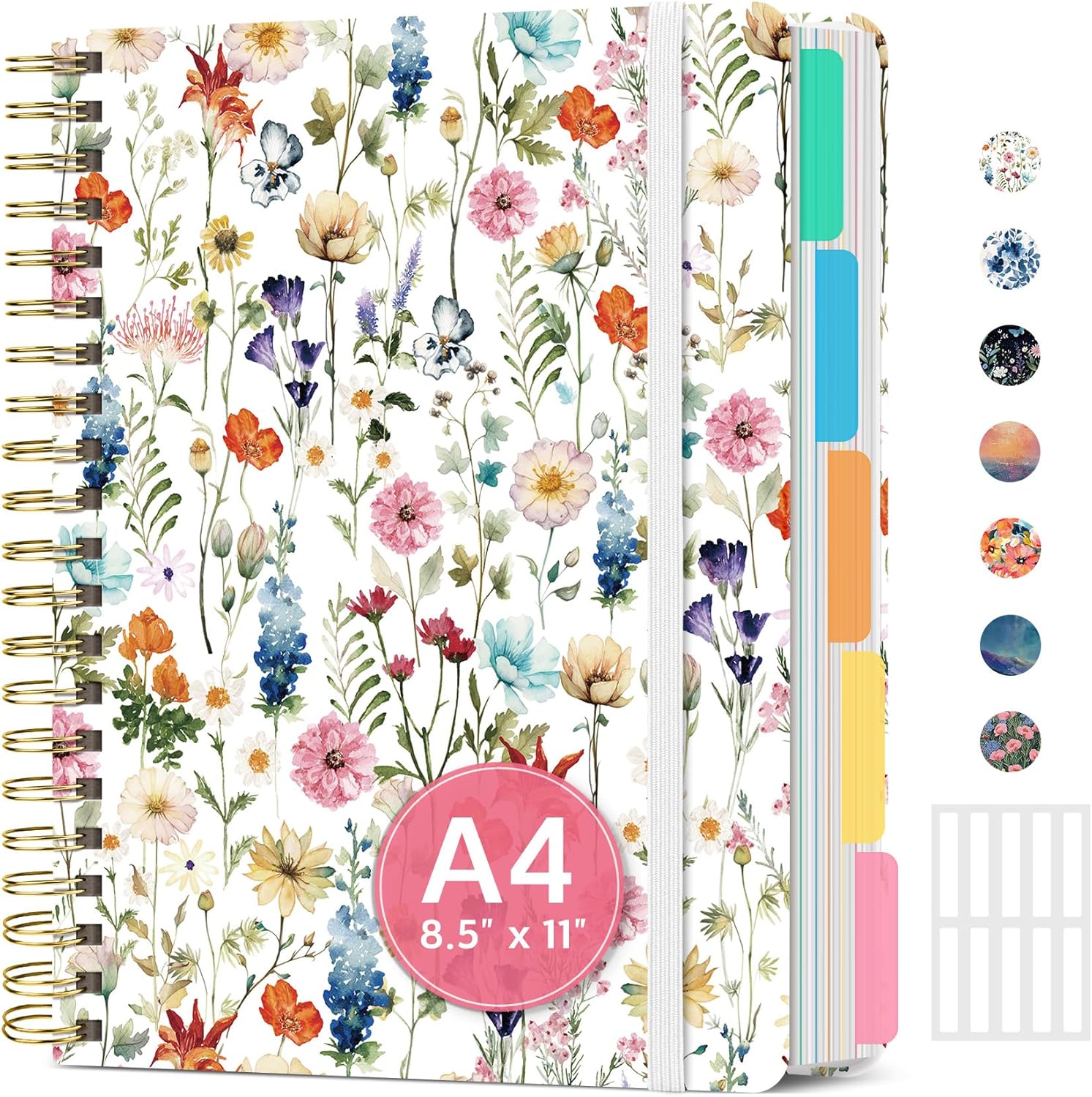 Taja Wildflowers 5-Subject Spiral Notebook 8.5x11 College Ruled, 280 Pages with Removable Dividers & Tabs - Aesthetic Journal for Women