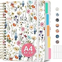 Taja Wildflowers 5-Subject Spiral Notebook 8.5x11 College Ruled, 280 Pages with Removable Dividers & Tabs - Aesthetic Journal for Women
