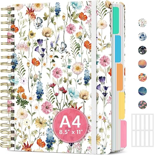 Diario grande con forro en espiral para mujer con divisores y pestañas extraíbles, cuaderno de 5 materias de tapa dura de 8.5 x 11 pulgadas para
