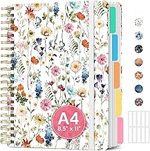Large Spiral Lined Notebooks for Work with Removable Dividers & Tabs, 8.5"x11" Pretty Hardcover 5 Subject Notebook Journal for Women, College Ruled, Perfect for Study & Office Organization, 280 Pages,Wildflowers