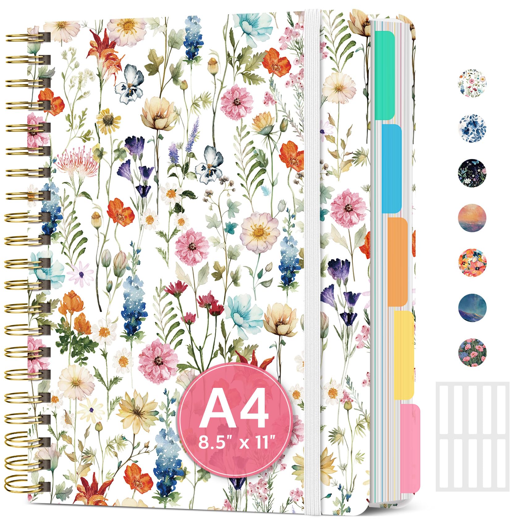 Large Spiral Lined Notebooks for Work With Removable Dividers & Tabs, 8.5"x11" Hardcover 5 Subject Notebook for Note Taking & Organizer, A4 College Ruled Journal for Women & Writing, Wildflowers, 280