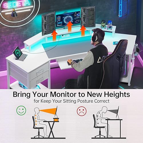 Miniatura 10 de SEDETA Escritorio para juegos de 79 pulgadas, escritorio para computadora con 2 cajones de tela y luz LED, escritorio para juegos en forma de L con