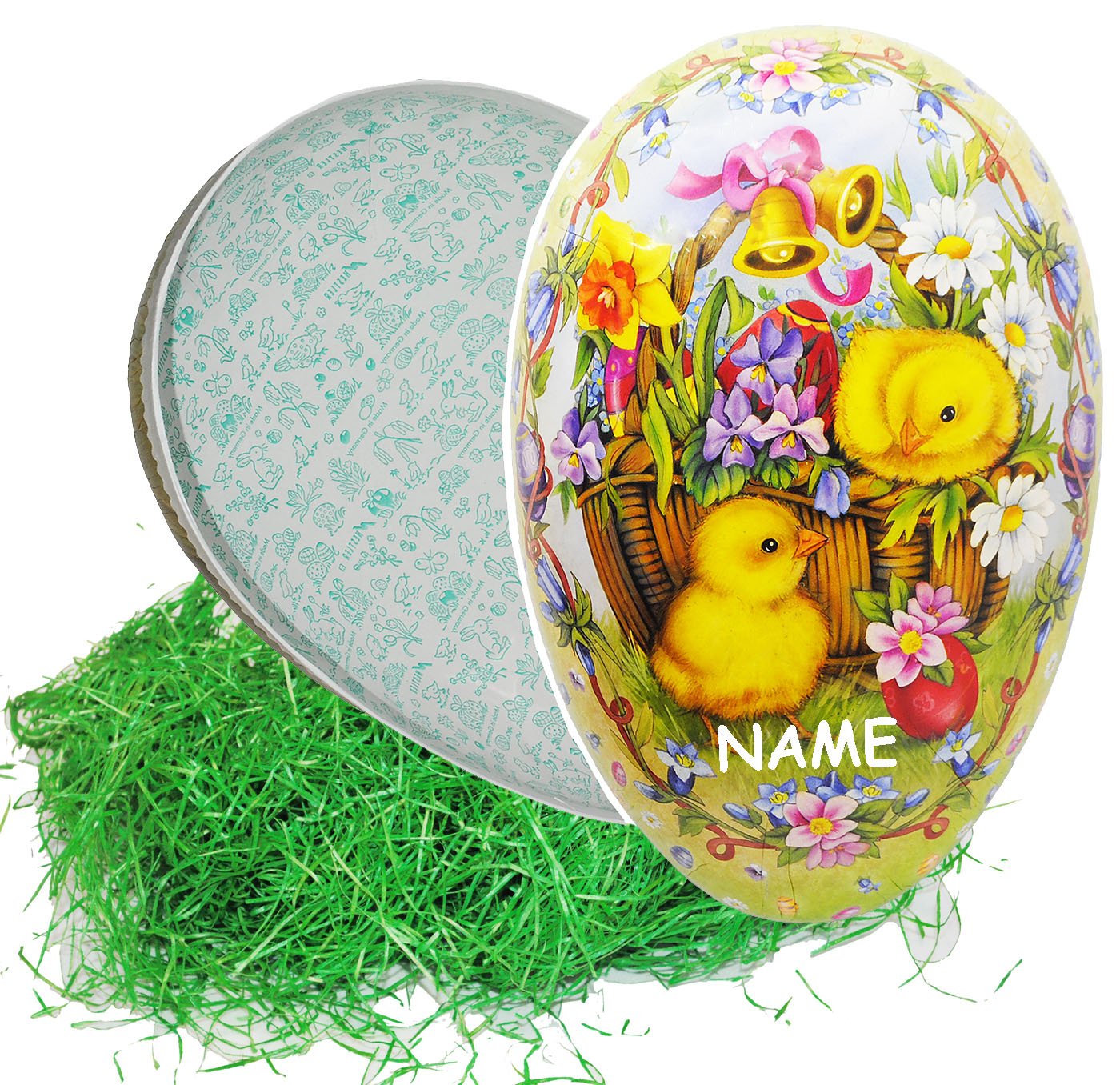 alles-meine.de GmbH XXL - Ostergras & Pappei zum Befüllen - 36 cm - Hasen am Schaufenster - incl. Name - Osterei/Ei zum Befüllen - Papposterei - Deko Pappe Papp - Dekoei Pa..