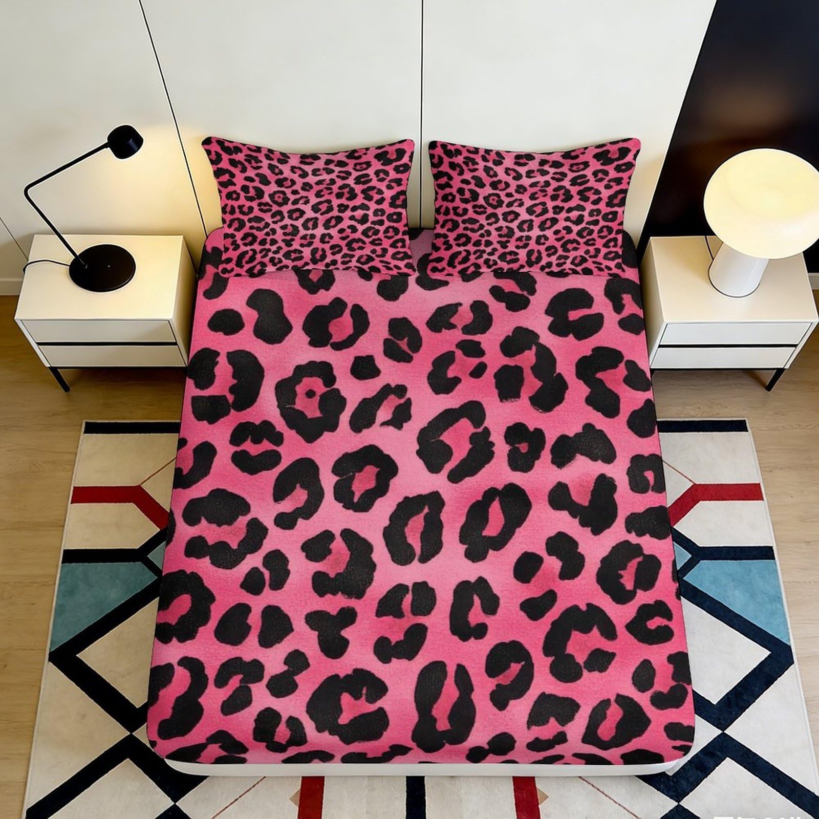 3D Printed Pink Leopard Fitted Sheet Microfiber Soft Breathable Black Spots Bed Cover for Bedroom Dormitory Guest Room Mattress Protection Decor 90x200x25cm