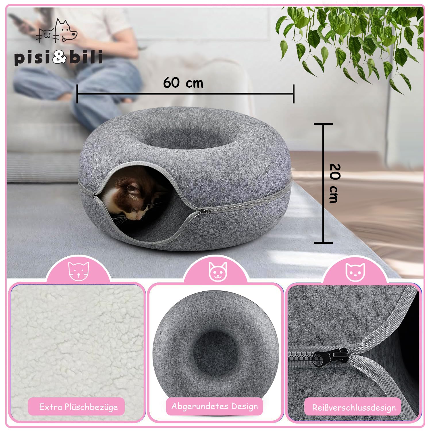 Katzentunnel Donut Filz Rund 60x60x28 – Flauschiges Katzenbett mit waschbarem Kissen, gemütliche Katzenhöhle als Schlaf und Spielplatz, kratzfestes Katzenkörbchen – Anthrazit
