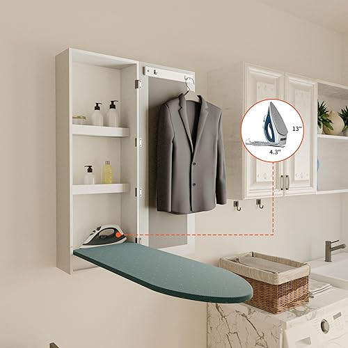 Miniatura 6 de Armario de tabla de planchar montado en la pared, armario plegable integrado con almacenamiento, puerta de espejo, color blanco