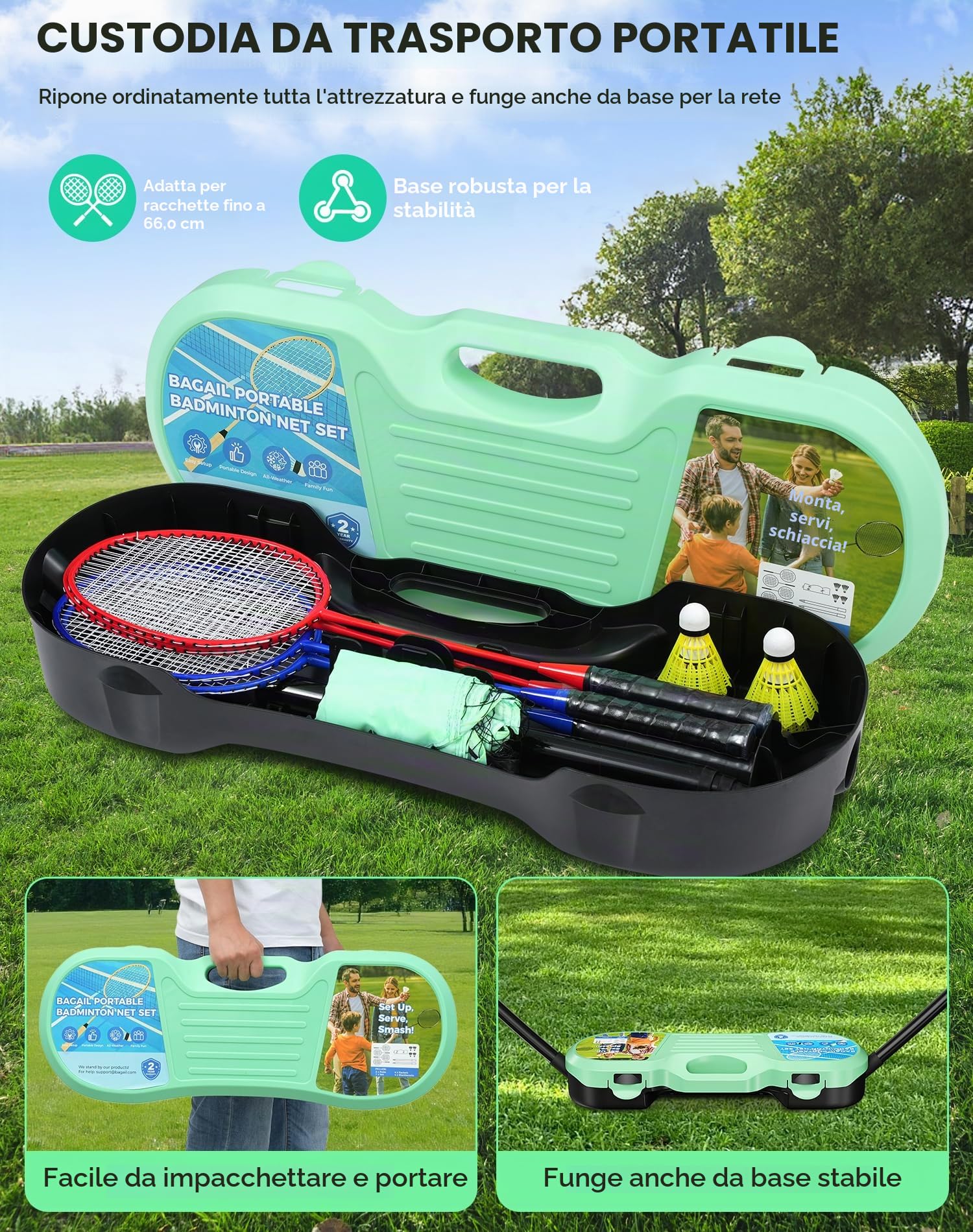 BAGAIL Set da Badminton Portatile - Borsa per riporre l'attrezzatura - Base autonoma - Installazione Rapida - Rete da Badminton con 4 Racchette e 4 volani per Giocare all'Interno e all'Esterno